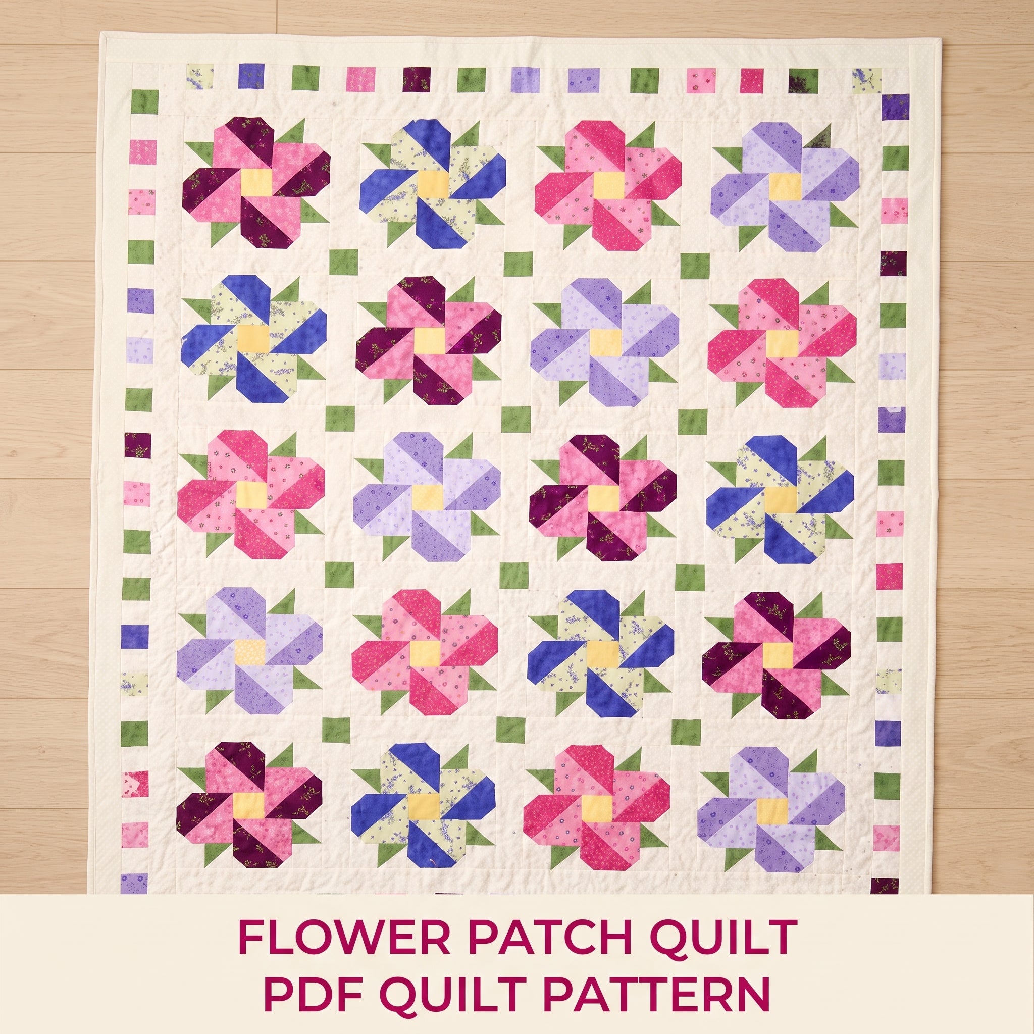 Flower Quilt Pattern PDF | Pieced Floral Quilt in Two Sizes, Baby & Lap | Fat Quarter Friendly | Instant Download Quilt Pattern