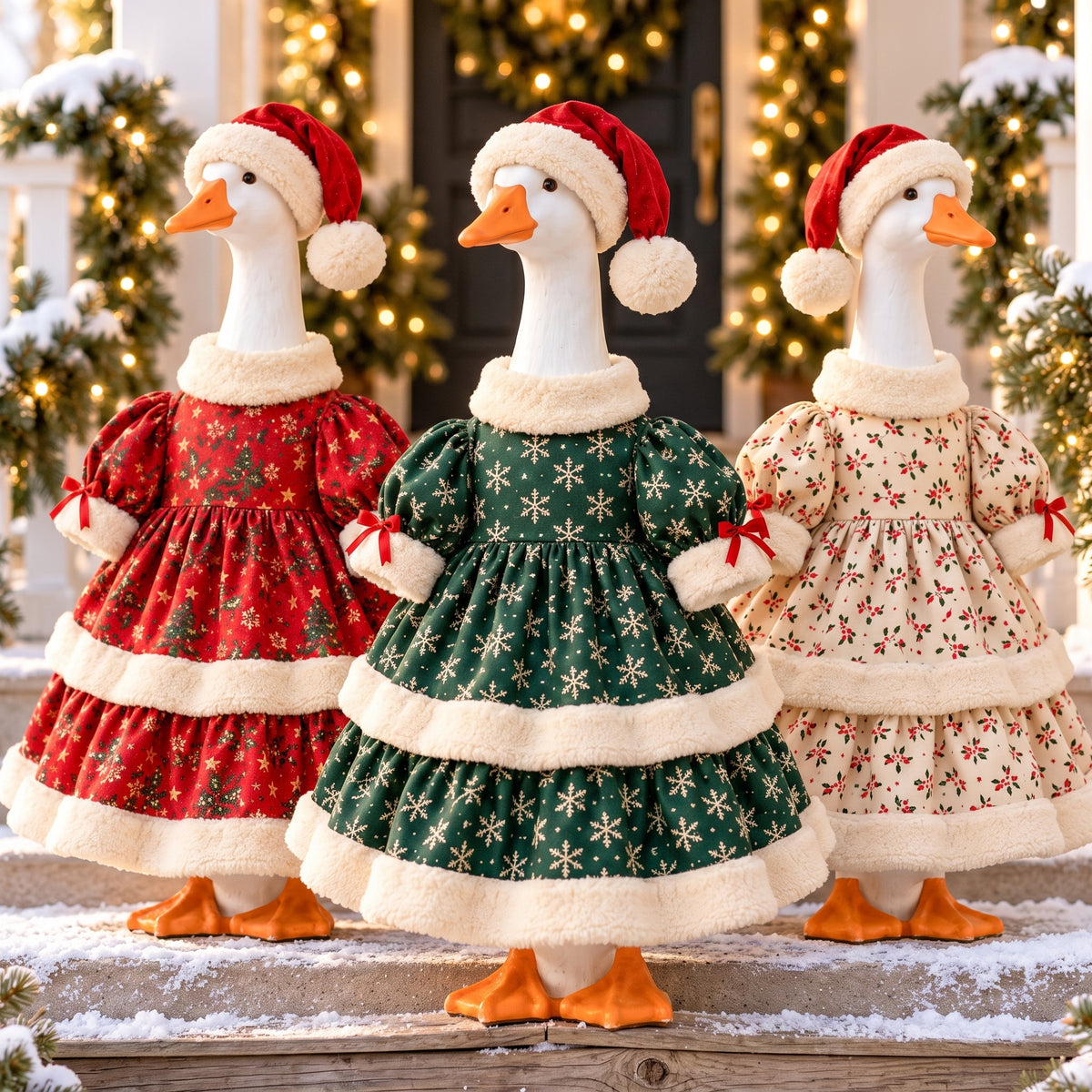 Porch Goose Clothes Pattern, Christmas Tiered Dress with Plush Trim and Santa Hat, PDF US Letter & A4