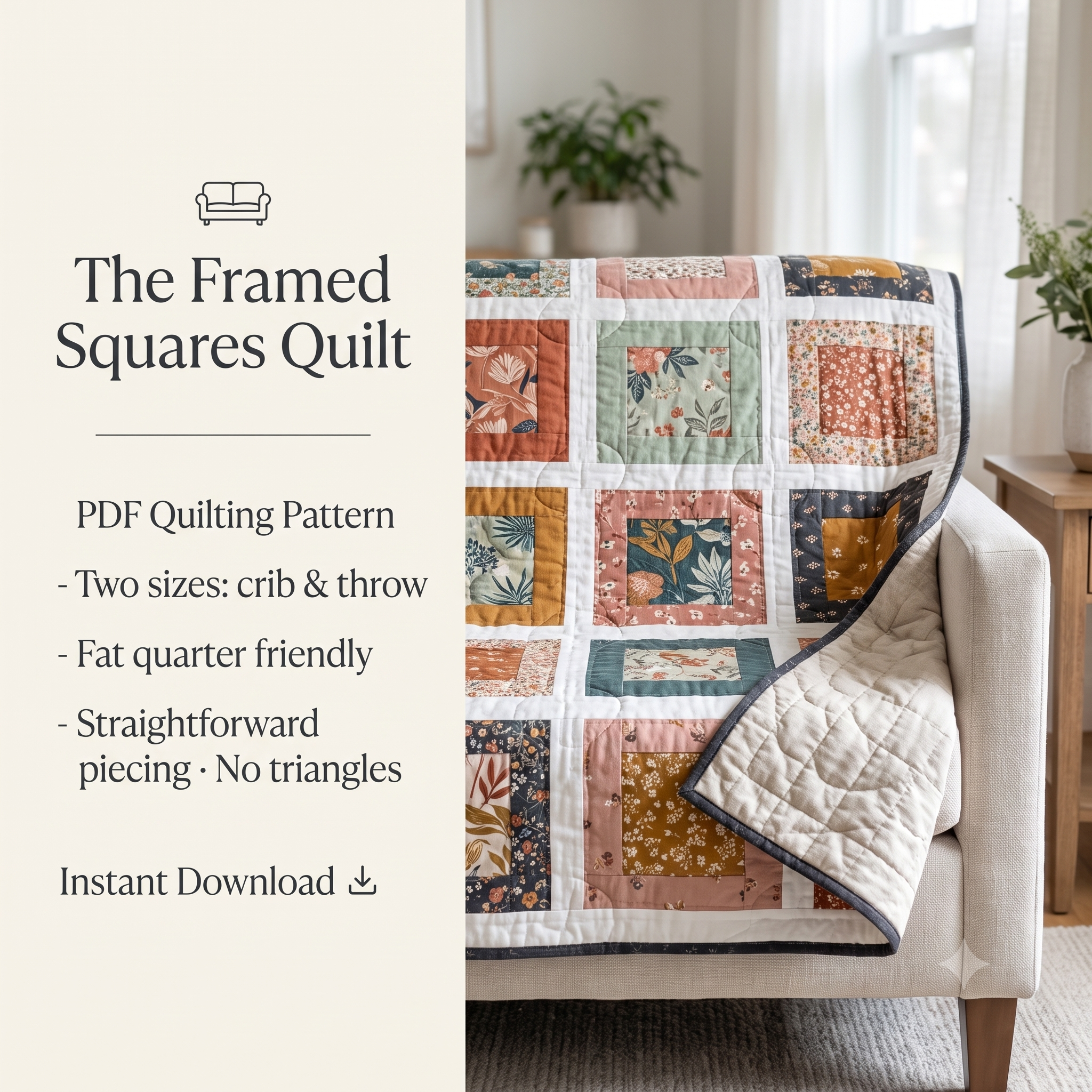 Quilt Pattern PDF | Fat Quarter Friendly Framed Squares Quilt | Crib and Throw Sizes | Easy Modern Quilt | Instant Download