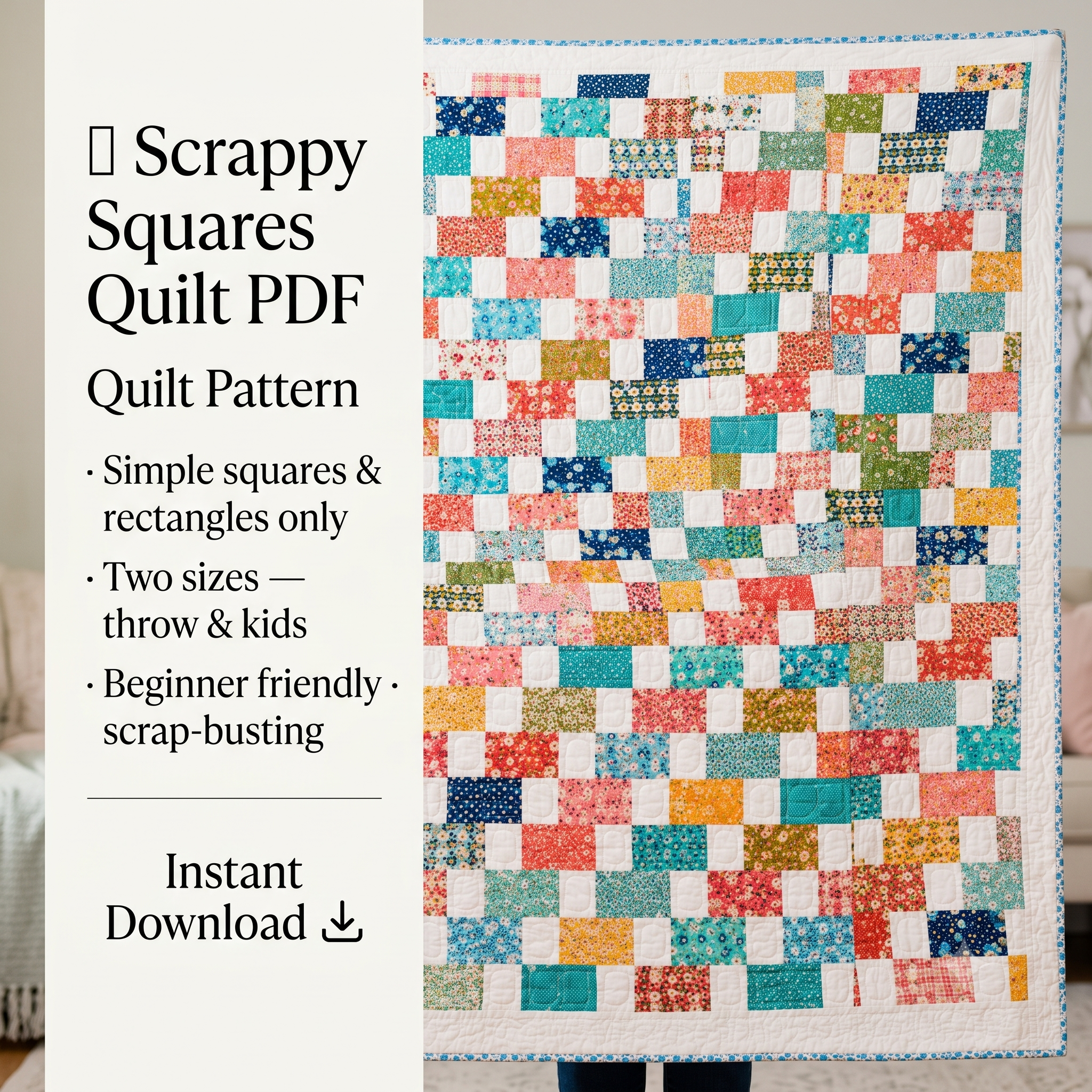 Quilt Pattern PDF, Modern Patchwork Throw Quilt, Beginner Friendly Scrappy Quilt, 2 Sizes Instant Download