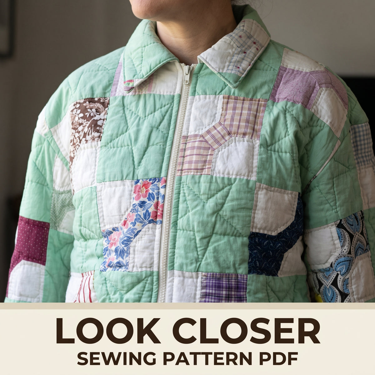 Quilt Bomber Jacket Sewing Pattern PDF, Oversized Zip Jacket from a Vintage Bowtie Quilt, Elastic Hem and Cuffs, XS–3XL