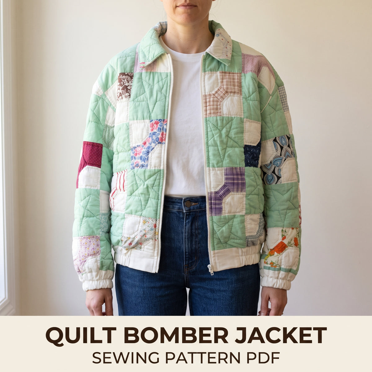 Quilt Bomber Jacket Sewing Pattern PDF, Oversized Zip Jacket from a Vintage Bowtie Quilt, Elastic Hem and Cuffs, XS–3XL
