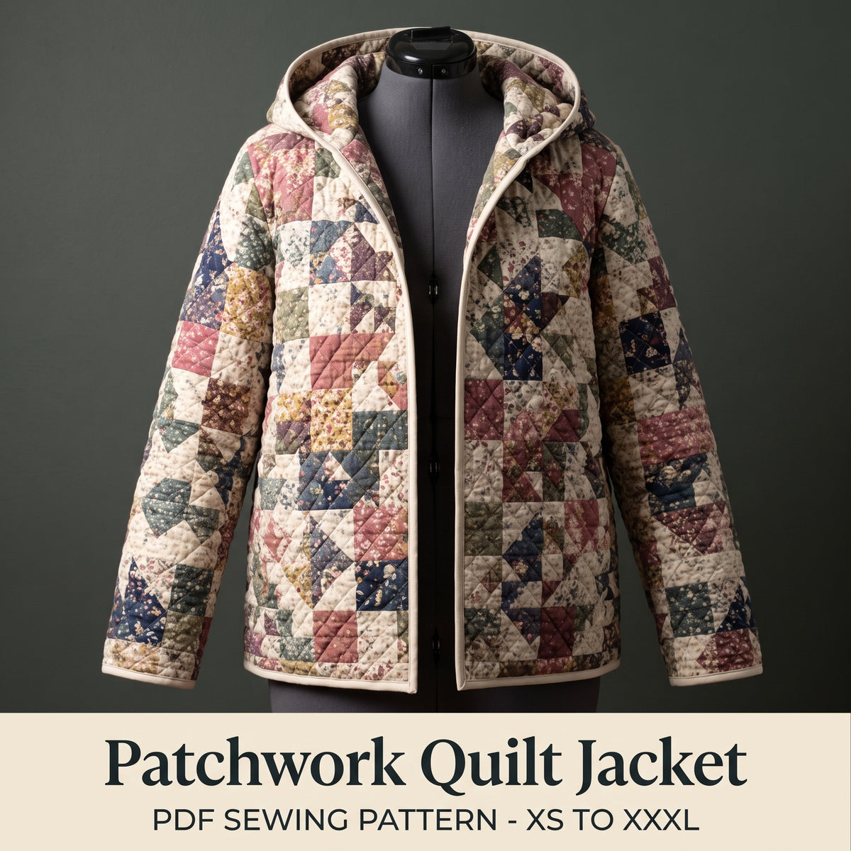 Quilted Patchwork Jacket Sewing Pattern PDF, Hooded, XS-XXXL