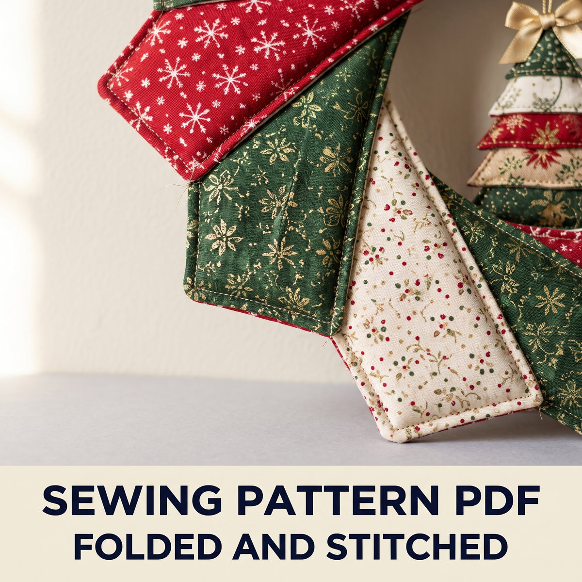 Quilted Christmas Wreath Sewing Pattern PDF โ Folded Fabric Petals with Mini Patchwork Tree, 20 inch Door Hanger