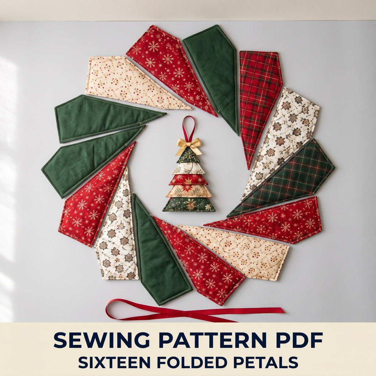 Quilted Christmas Wreath Sewing Pattern PDF โ Folded Fabric Petals with Mini Patchwork Tree, 20 inch Door Hanger
