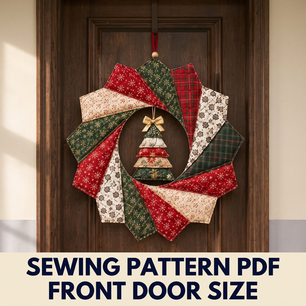 Quilted Christmas Wreath Sewing Pattern PDF โ Folded Fabric Petals with Mini Patchwork Tree, 20 inch Door Hanger