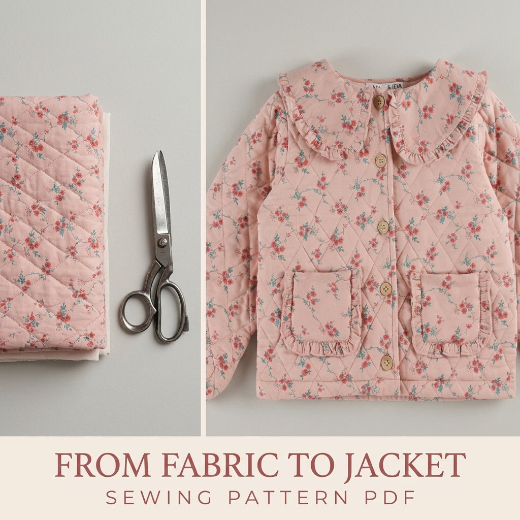 Girls Quilted Jacket Sewing Pattern PDF – Ruffle Collar Floral Jacket