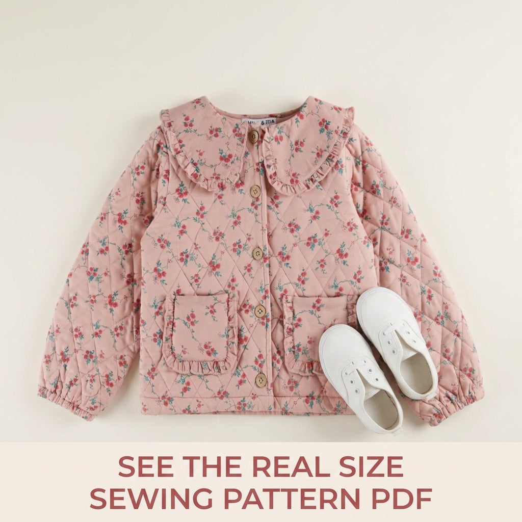 Girls Quilted Jacket Sewing Pattern PDF – Ruffle Collar Floral Jacket