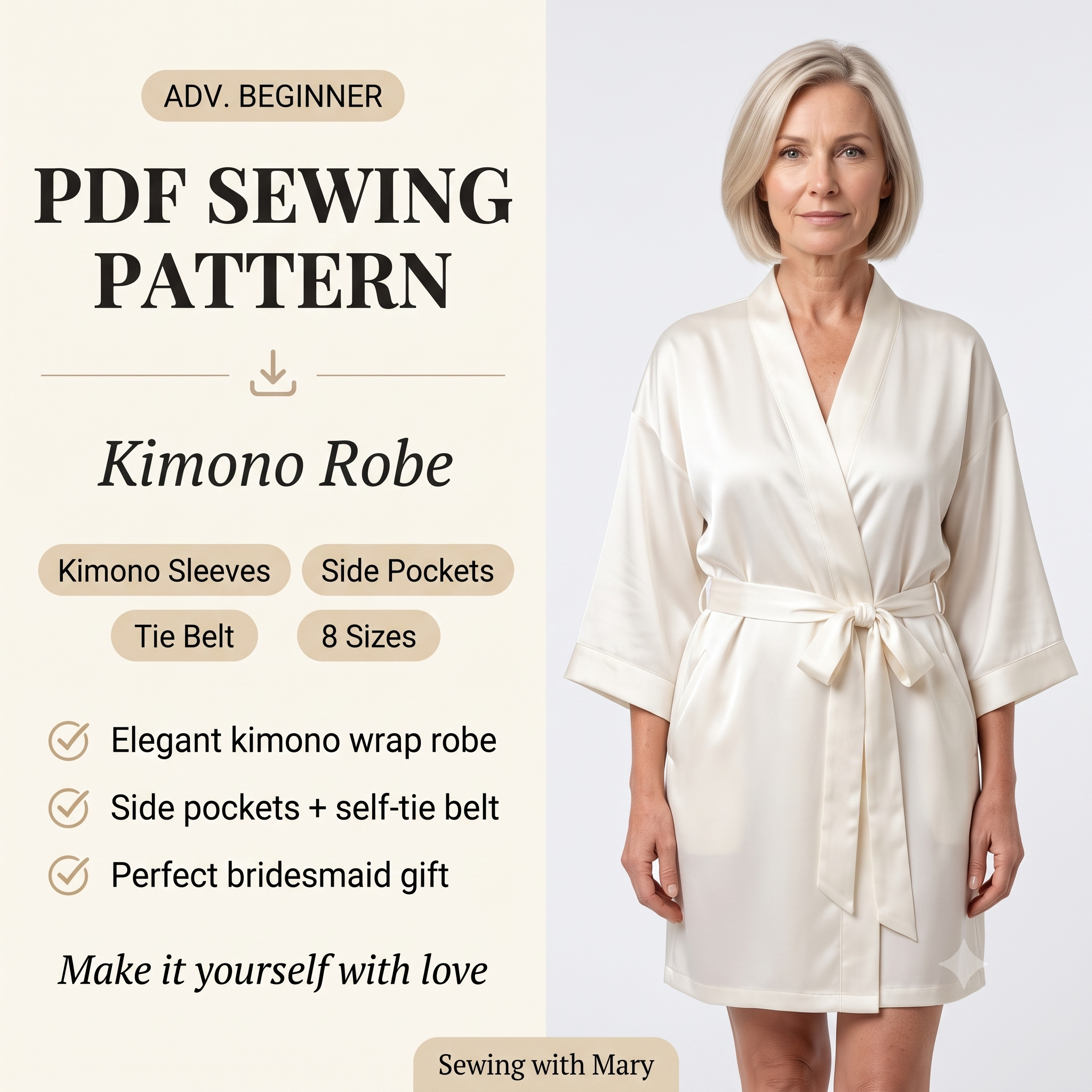 Robe Sewing Pattern PDF | Kimono Robe Pattern for Women, Bridesmaid Robe with Pockets, Advanced Beginner, 8 Sizes, Instant Download