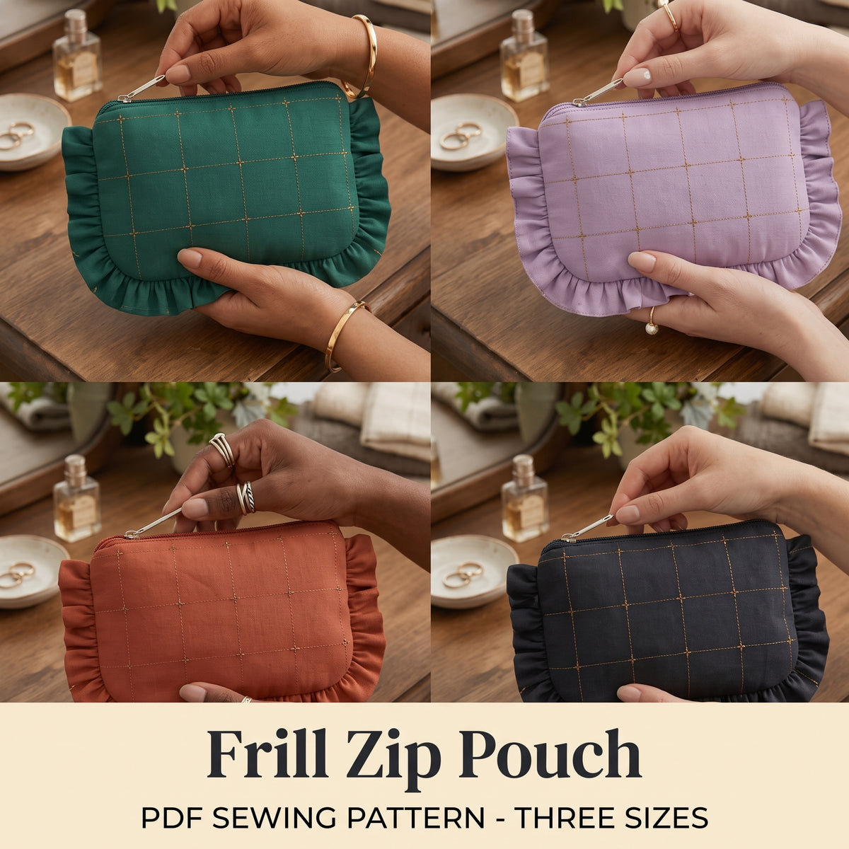 Ruffle Zipper Pouch Sewing Pattern PDF, 3 Sizes, Frill Makeup Bag