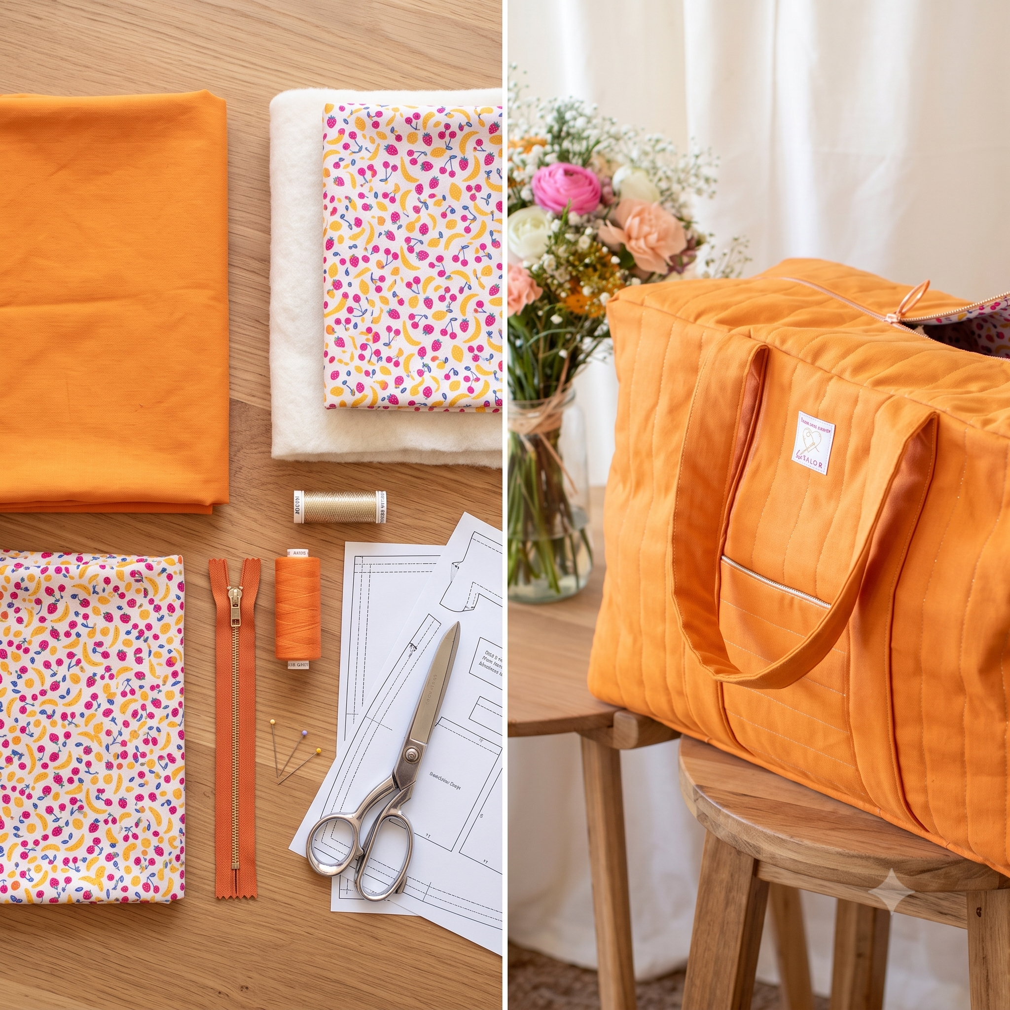 Sac Week-end Sewing Pattern – PDF Quilted Weekender Bag Pattern – Overnight Travel Duffle Bag with Zip – 44×33×20 cm – A4 Print at Home – Instant Download