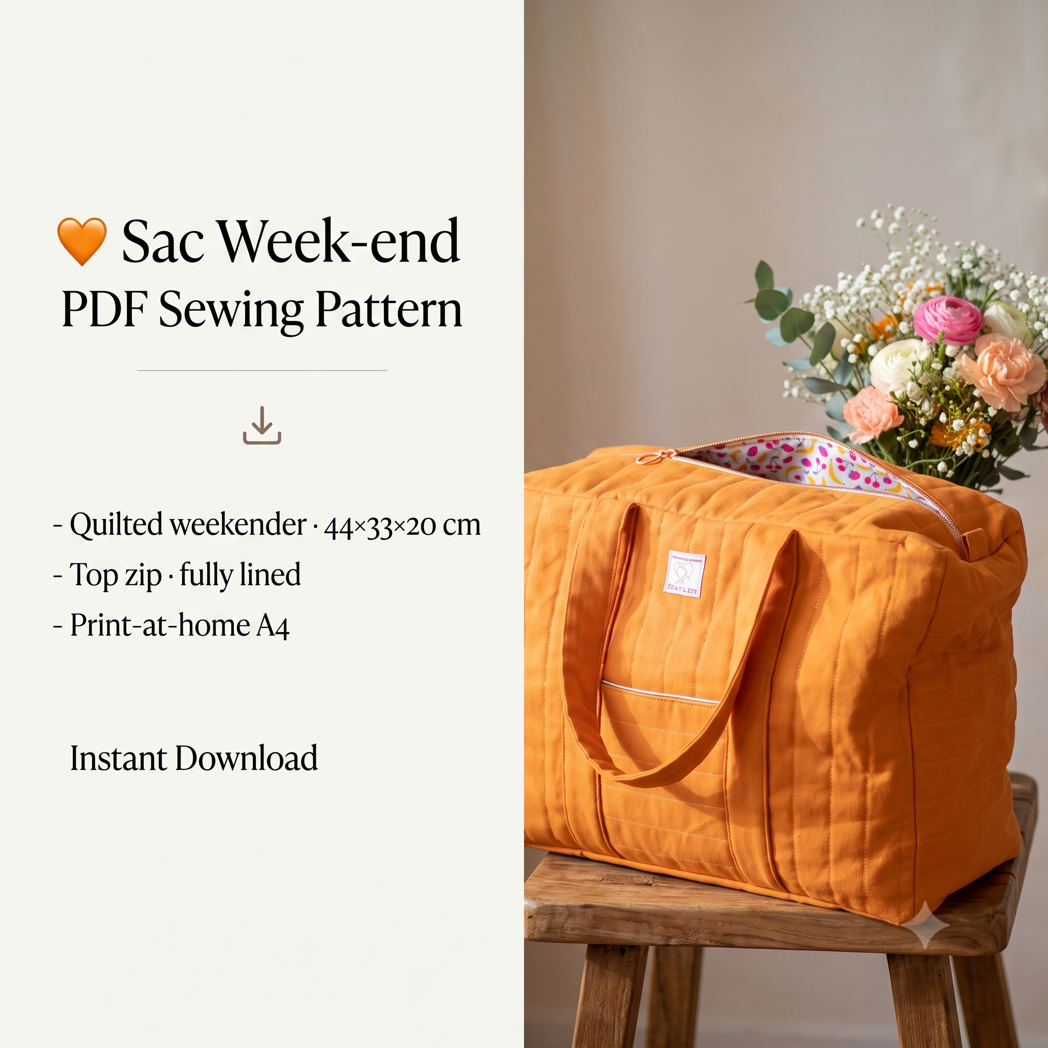Sac Week-end Sewing Pattern – PDF Quilted Weekender Bag Pattern – Overnight Travel Duffle Bag with Zip – 44×33×20 cm – A4 Print at Home – Instant Download