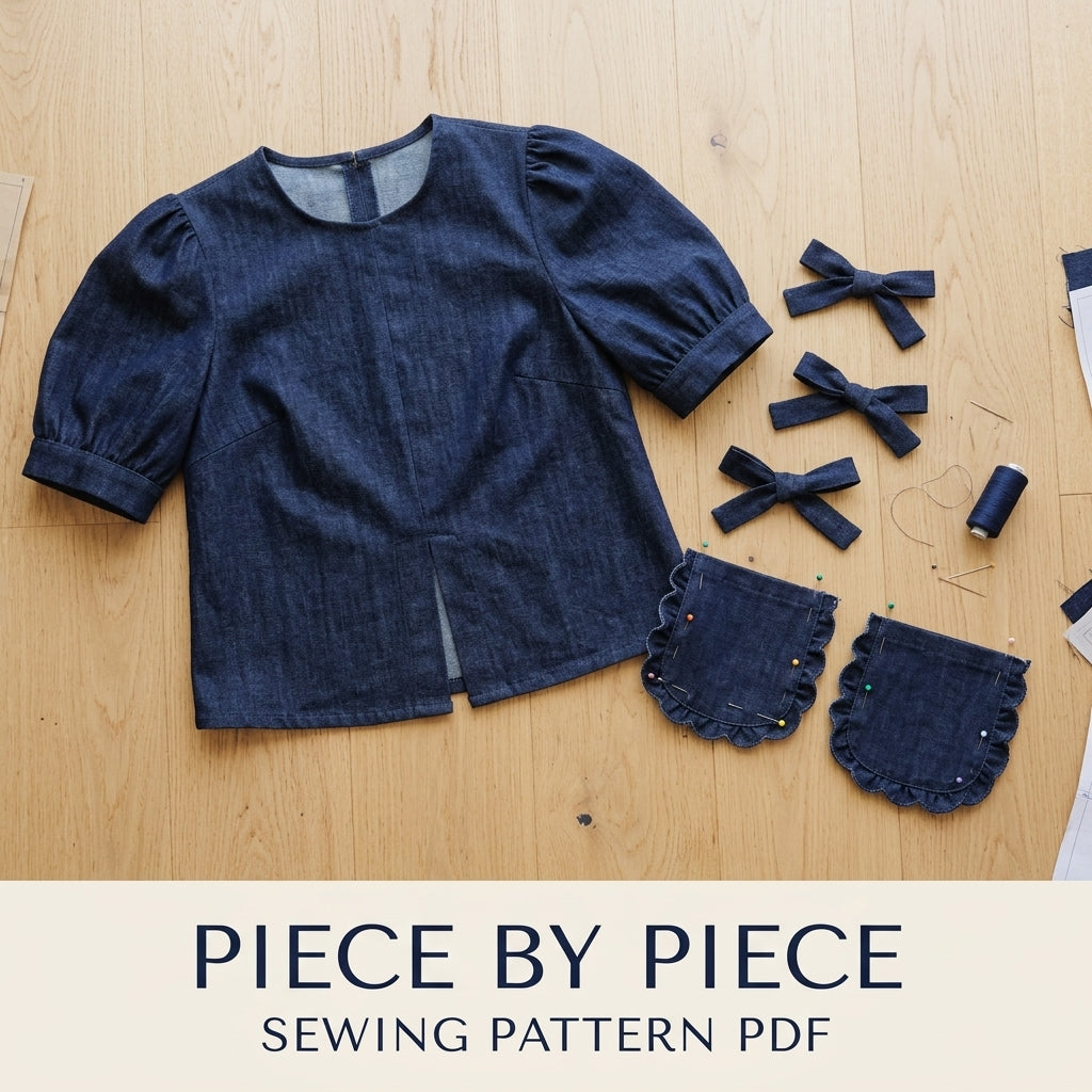 Bow Tie Top Sewing Pattern PDF – Puff Sleeve Denim Blouse and Mini Skirt