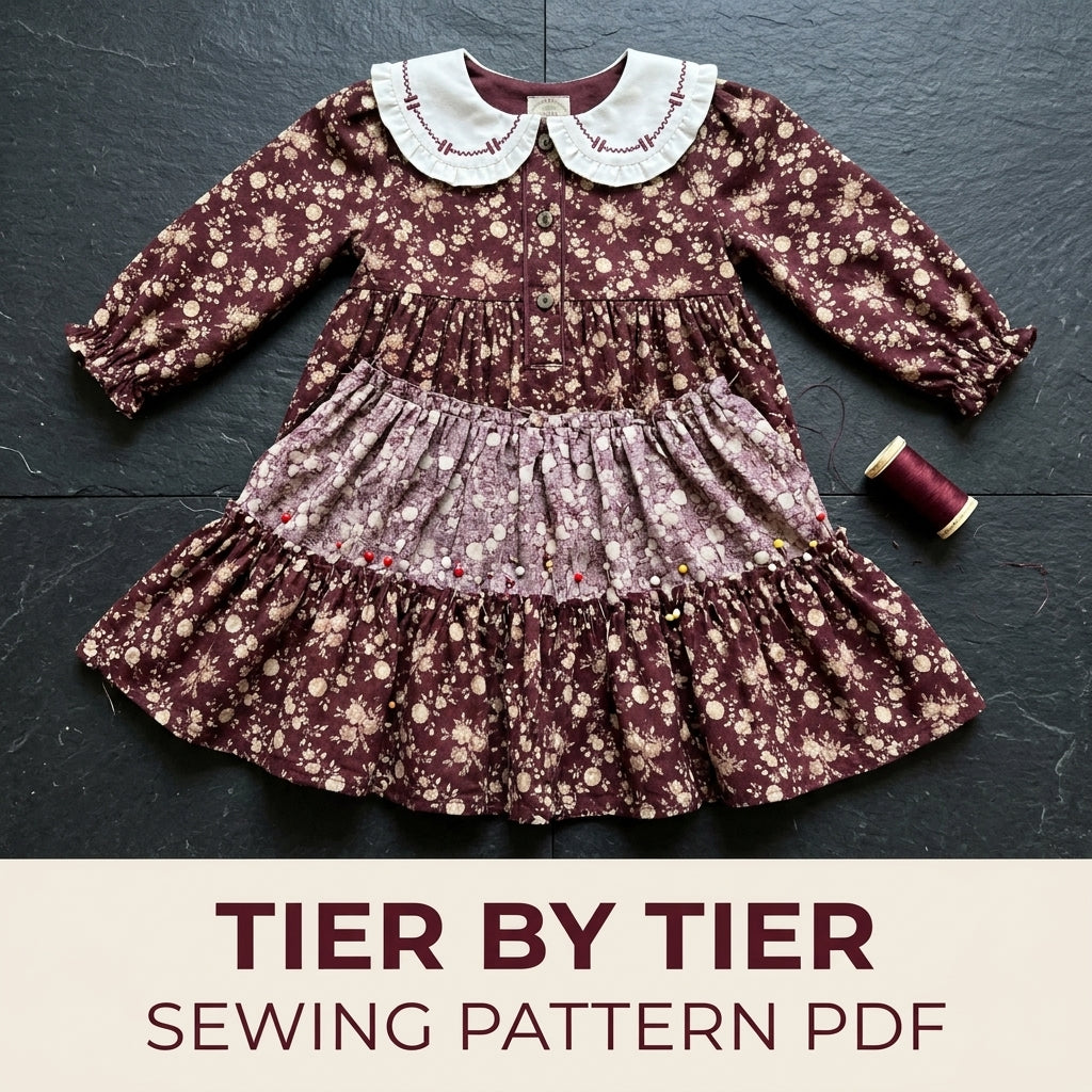Girls Burgundy Tiered Dress Sewing Pattern PDF – Floral Dress with Embroidered Collar