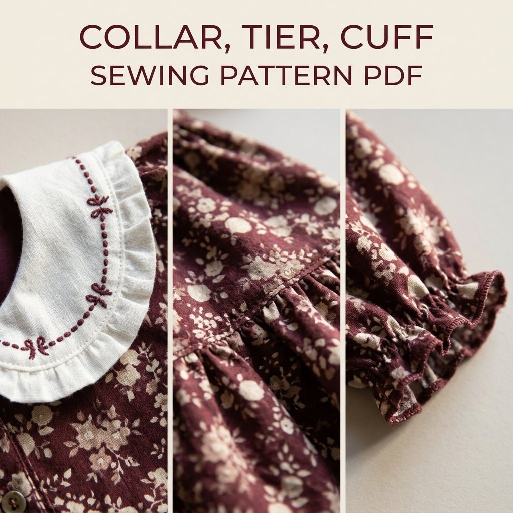 Girls Burgundy Tiered Dress Sewing Pattern PDF – Floral Dress with Embroidered Collar