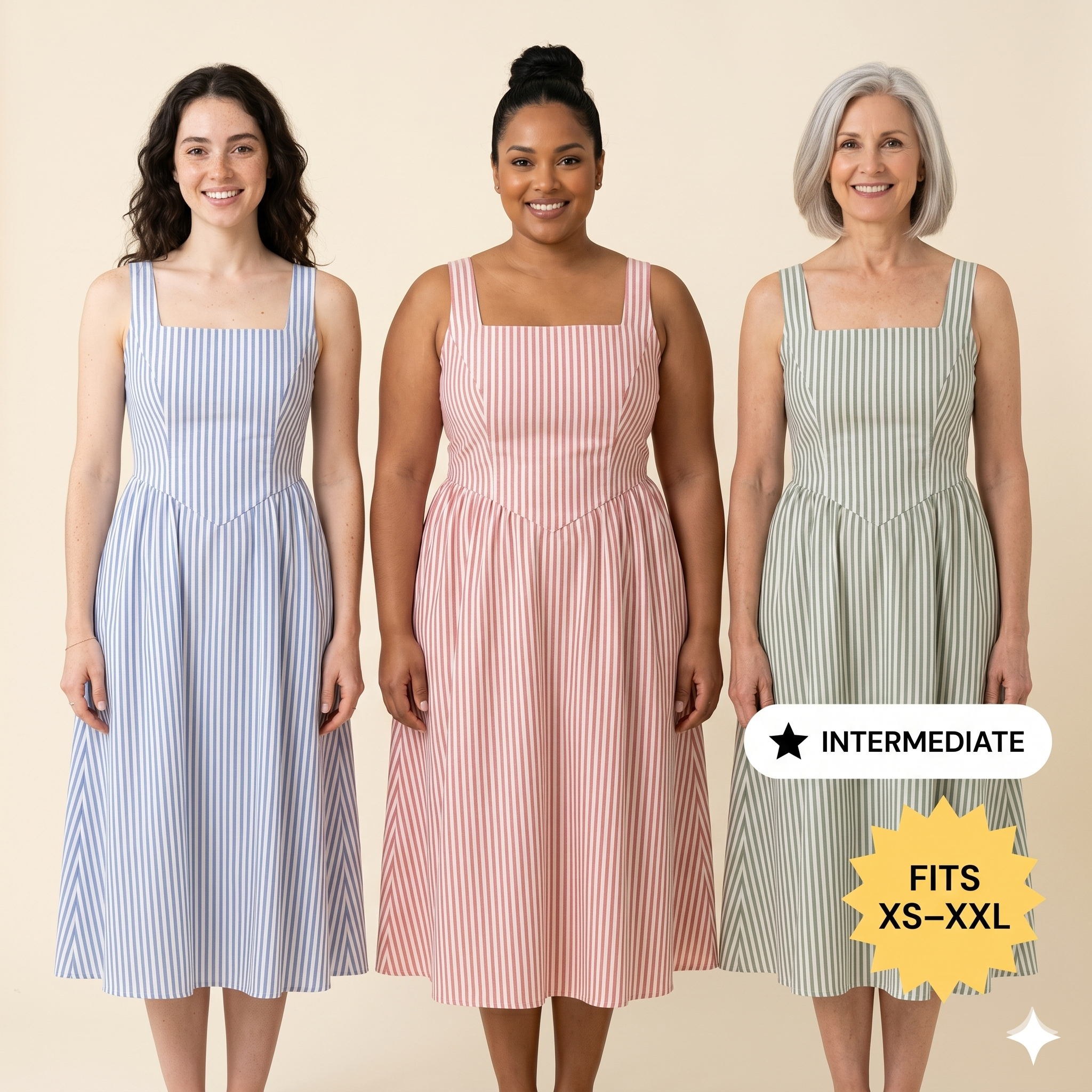 Square Neck Striped Midi Dress – Instant Download PDF Sewing Pattern