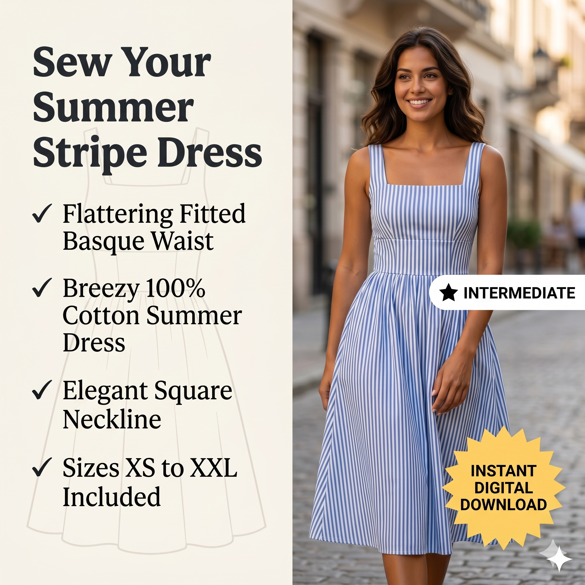 Square Neck Striped Midi Dress – Instant Download PDF Sewing Pattern