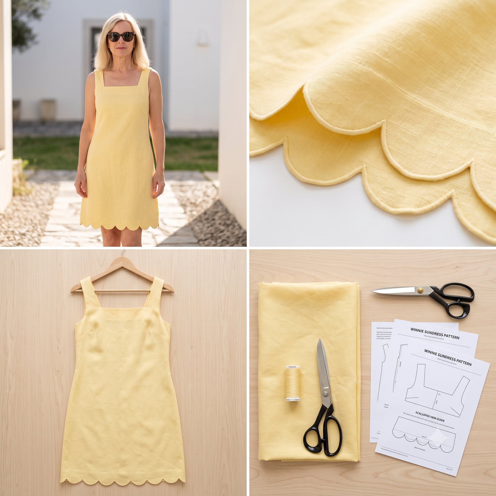 Square Neck Dress PDF Sewing Pattern: Linen Sundress, Saclloped hem (Sizes XXS-XXL)