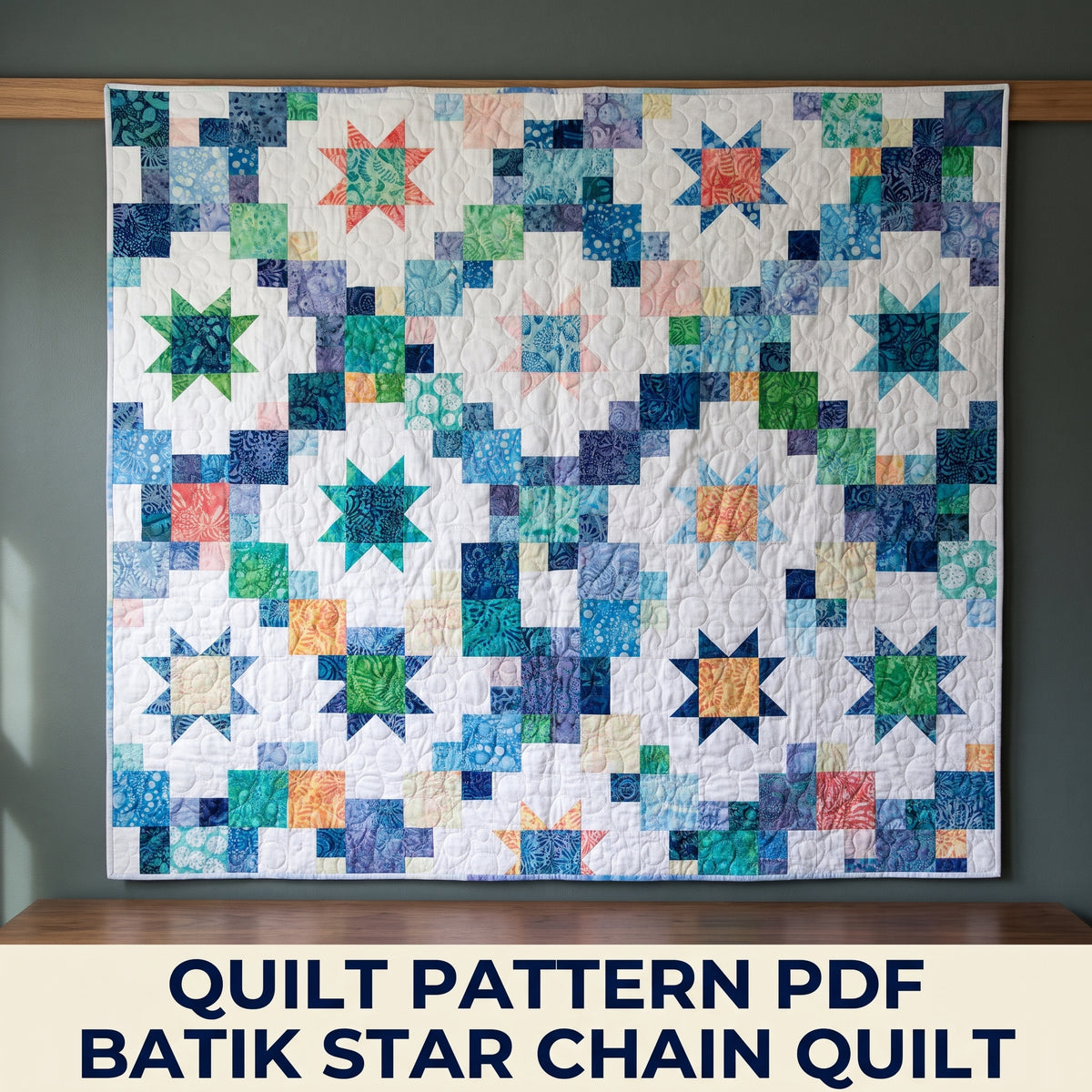 Star and Chain Quilt Pattern – Batik Sawtooth Stars on White, Throw Quilt PDF, Instant Download