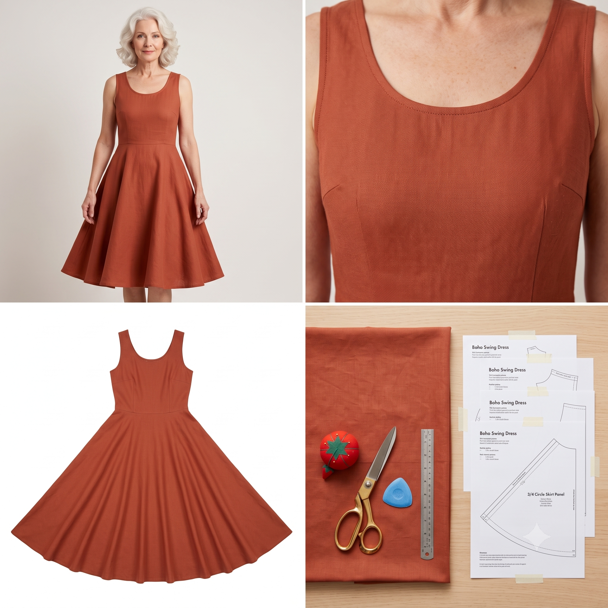 Sundress Sewing Pattern PDF | Boho Sleeveless Swing Dress Pattern for Women, 3/4 Circle Scoop Neck Dress, Beginner, Sizes 2-30, Instant Download