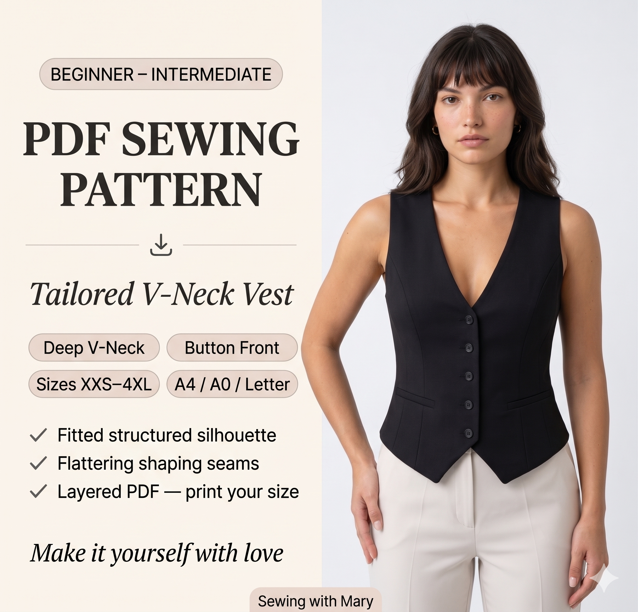 Tailored V-Neck Vest — Sewing Pattern (PDF) | Fitted Button-Front Waistcoat