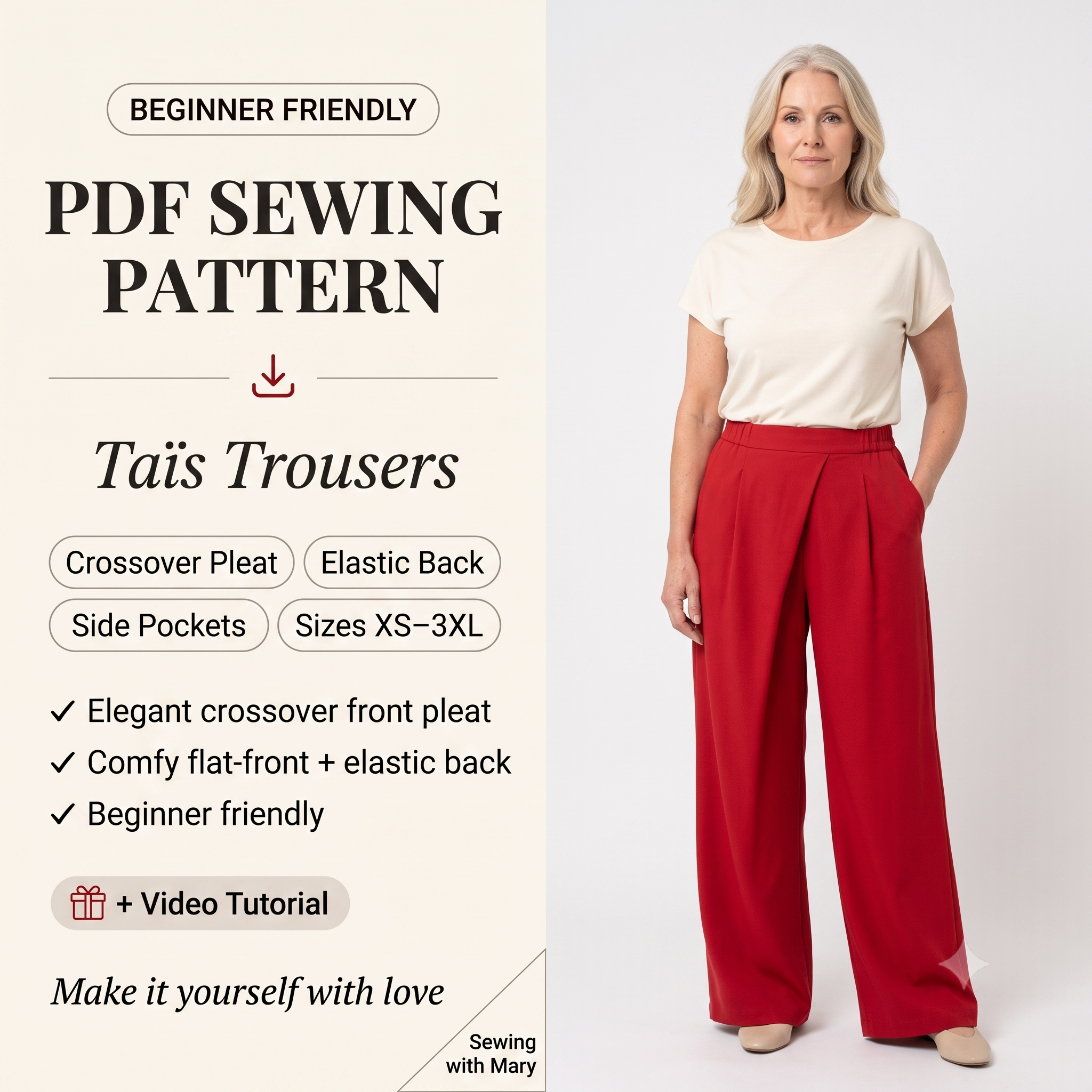 Trousers Sewing Pattern PDF | Taïs Flowy Summer Pants Pattern for Women, Pleated Front Elastic Back Trousers with Pockets, Beginner, XS-3XL