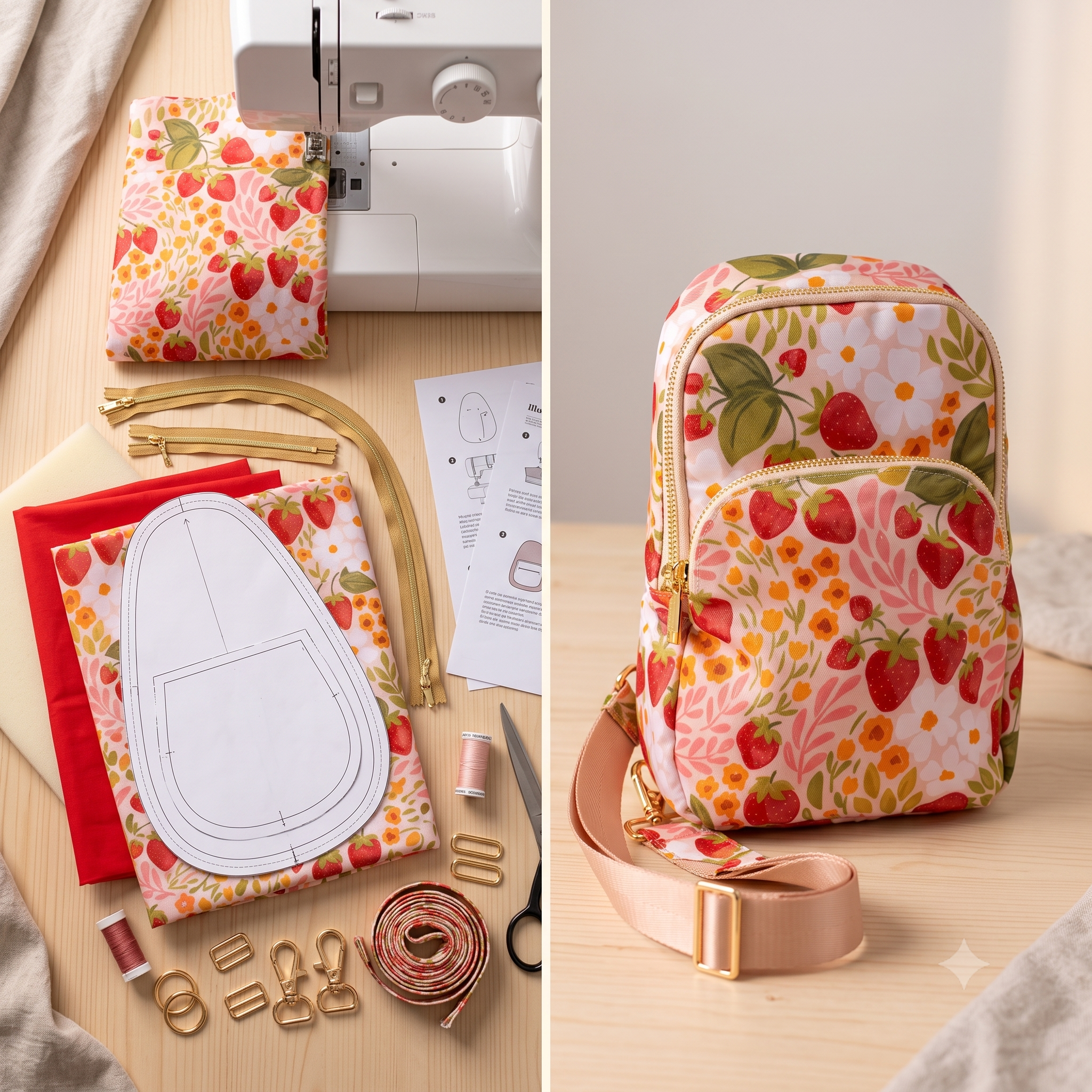 Padded Sling Bag PDF Sewing Pattern | Crossbody Sling Backpack | Front + Interior Zip Pockets, Convertible Strap | Beginner Friendly