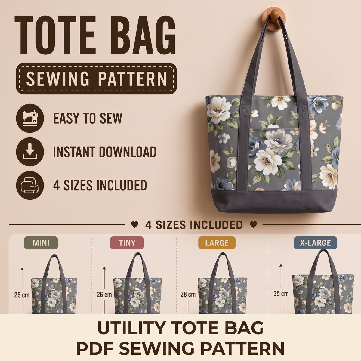 Utility Tote Bag PDF Sewing Pattern | Canvas Market Shopper, 4 Sizes, Boxed Base | A0 A4 US Letter
