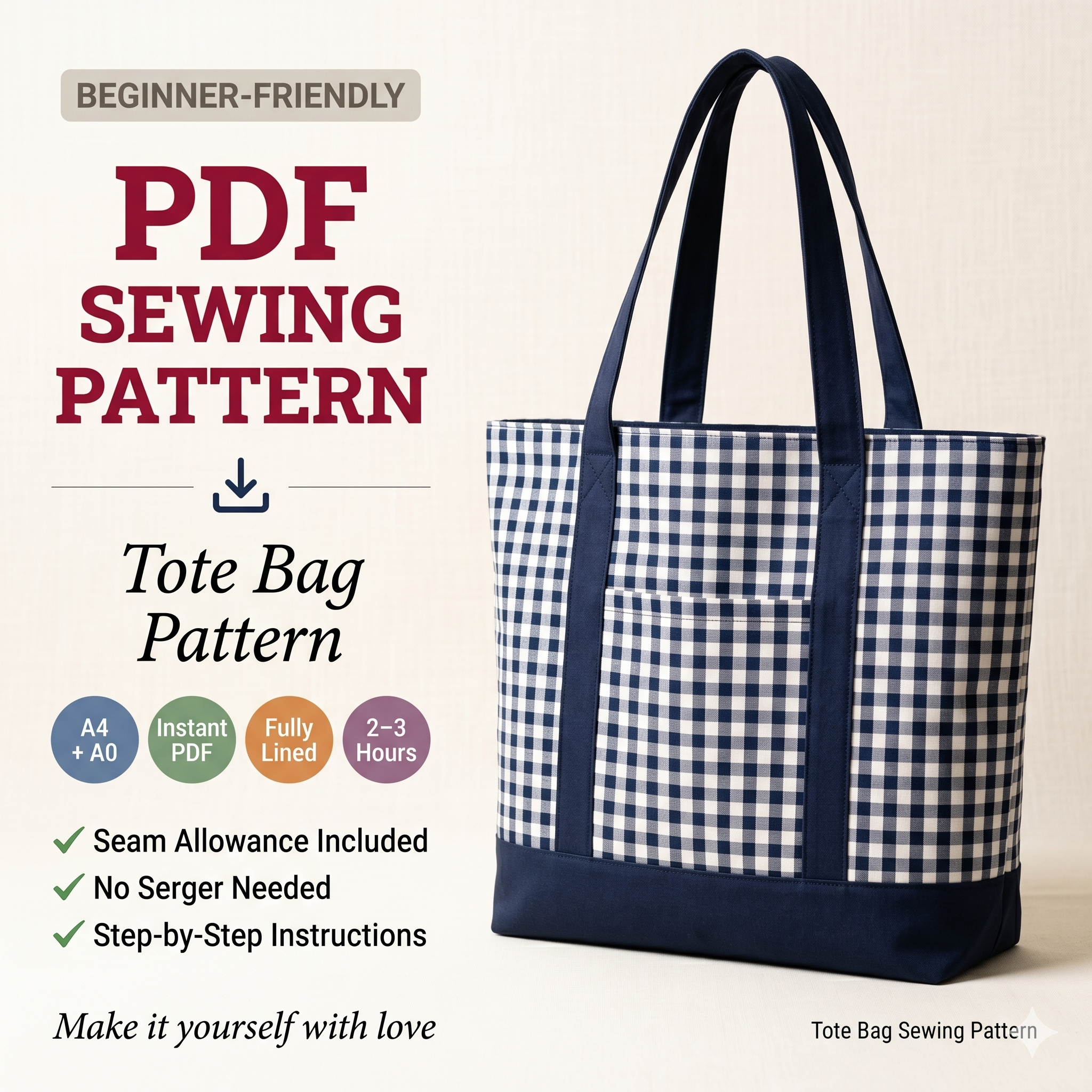 Tote Bag Sewing Pattern PDF | Beginner Friendly PDF Template (A4/A0 US Letter)