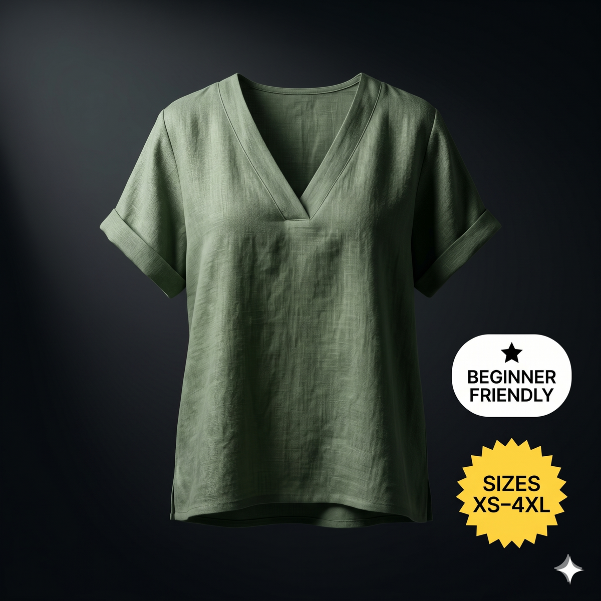 Linen V-Neck Blouse Sewing PatternVintage Short Sleeve Top (Sizes XS-4XL)
