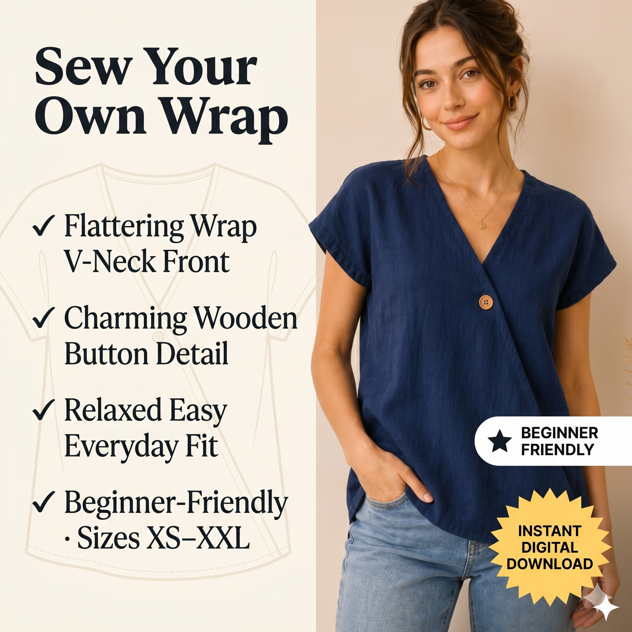 Wrap Top Sewing Pattern PDF| V Neck Blouse Pattern| Easy Shirt Tutorial| Digital Download | A4 US Letter A0 Sizes | Beginners Friendly