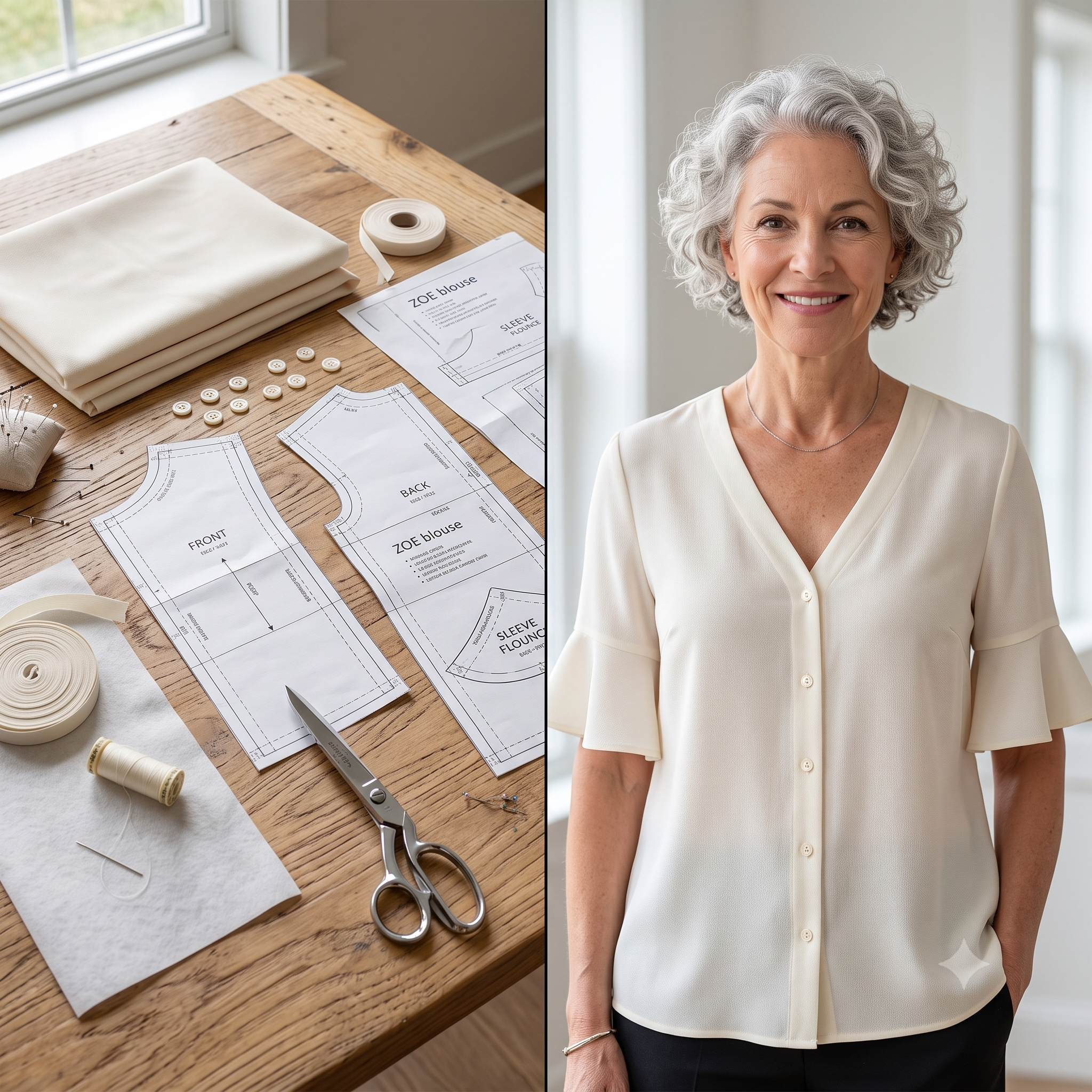 V Neck Blouse & Dress PDF Sewing Pattern, Button Placket, Flared Short Sleeve, Sleeveless Option, Free Video Course, Bilingual, Sizes 34–52