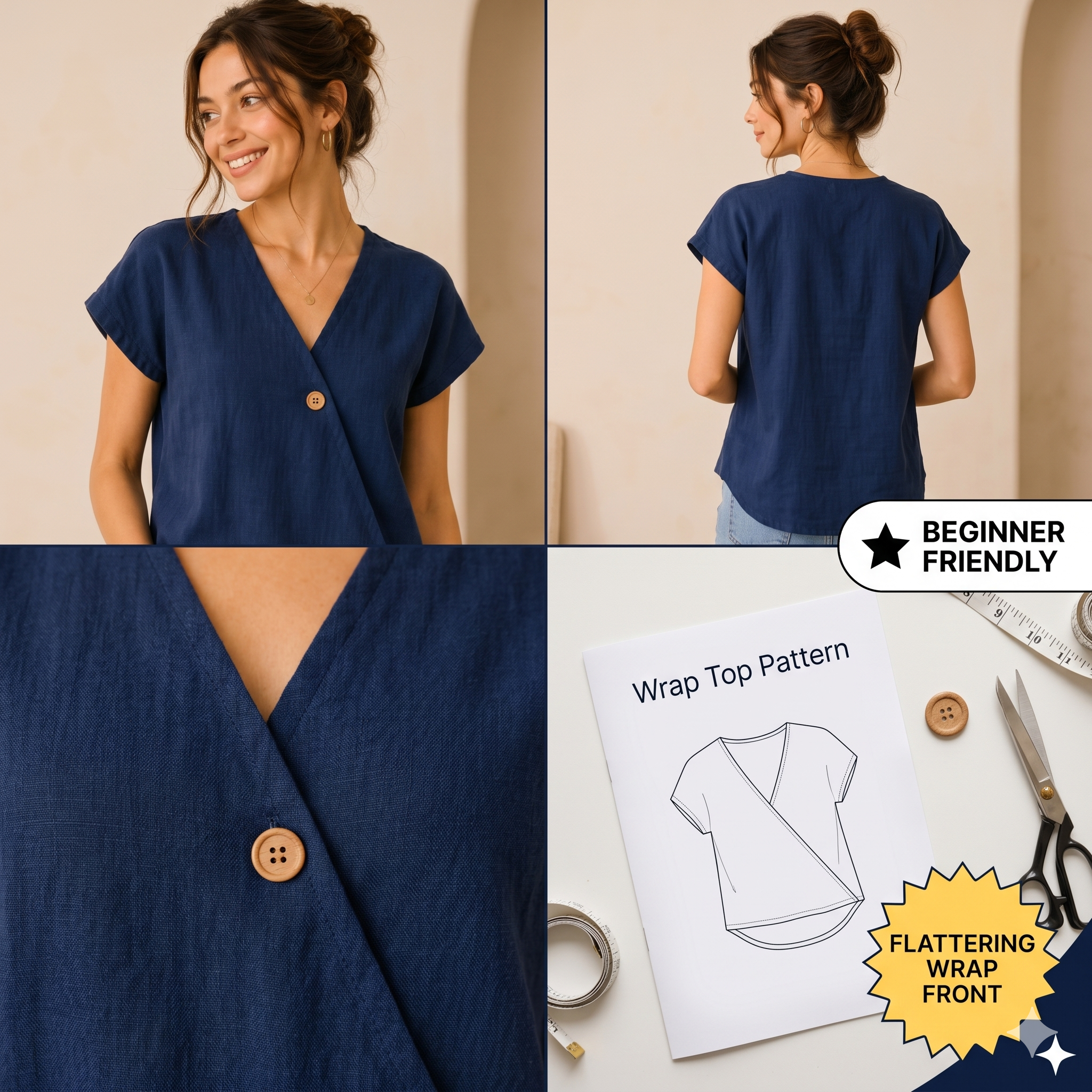 Wrap Top Sewing Pattern PDF| V Neck Blouse Pattern| Easy Shirt Tutorial| Digital Download | A4 US Letter A0 Sizes | Beginners Friendly