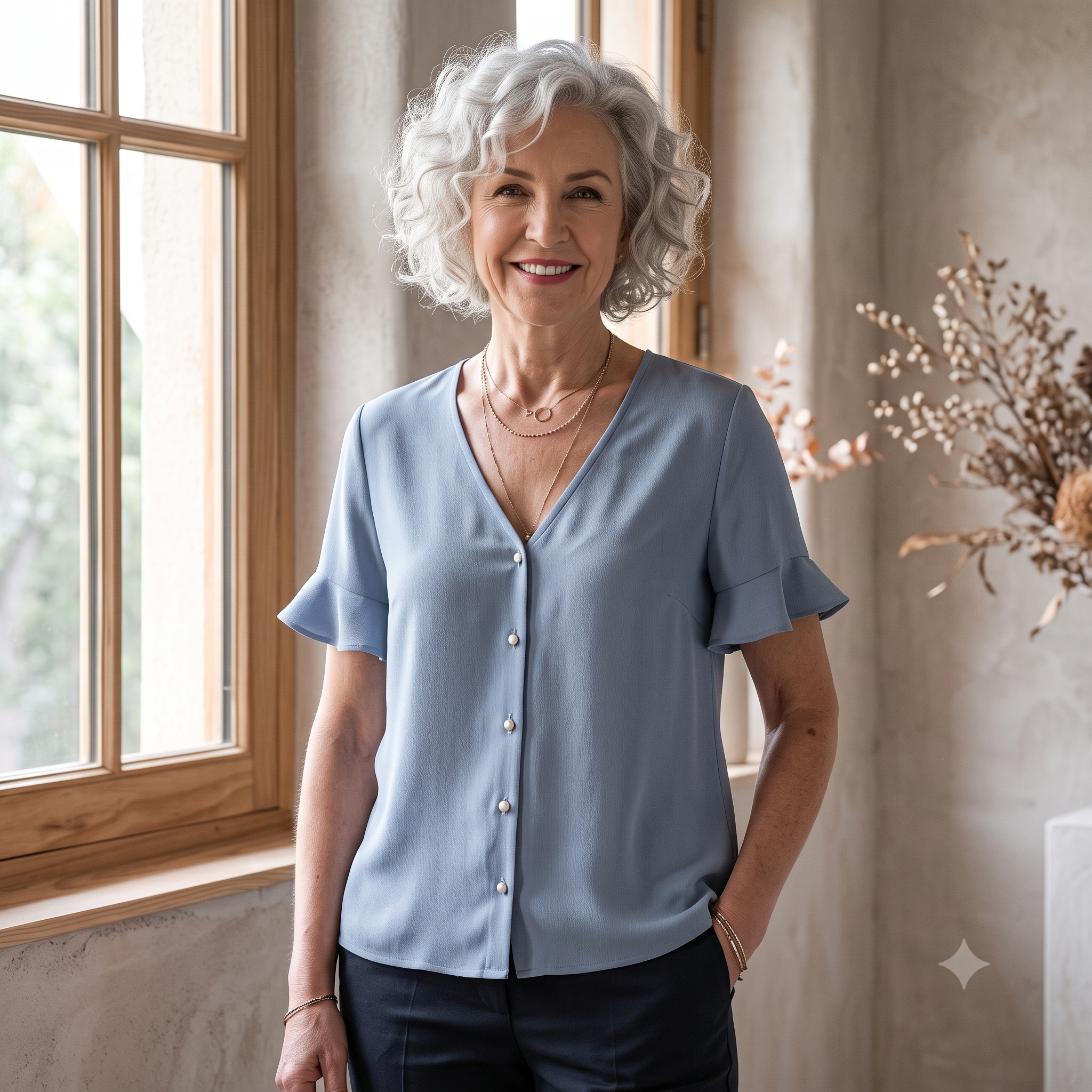 V Neck Blouse & Dress PDF Sewing Pattern, Button Placket, Flared Short Sleeve, Sleeveless Option, Free Video Course, Bilingual, Sizes 34–52