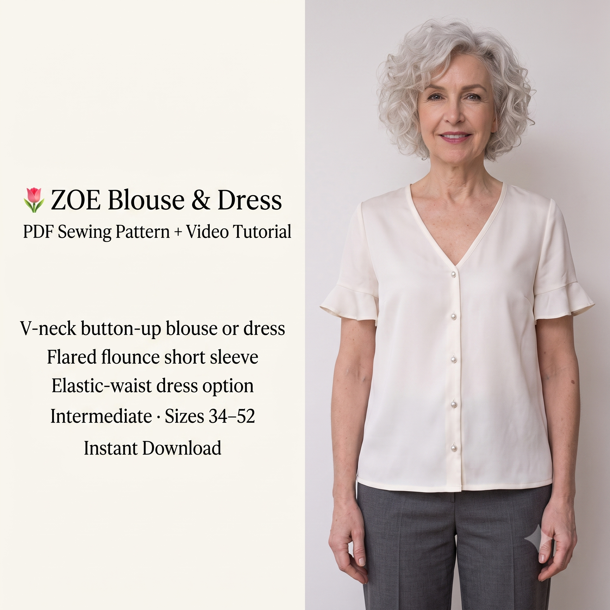 V Neck Blouse & Dress PDF Sewing Pattern, Button Placket, Flared Short Sleeve, Sleeveless Option, Free Video Course, Bilingual, Sizes 34–52