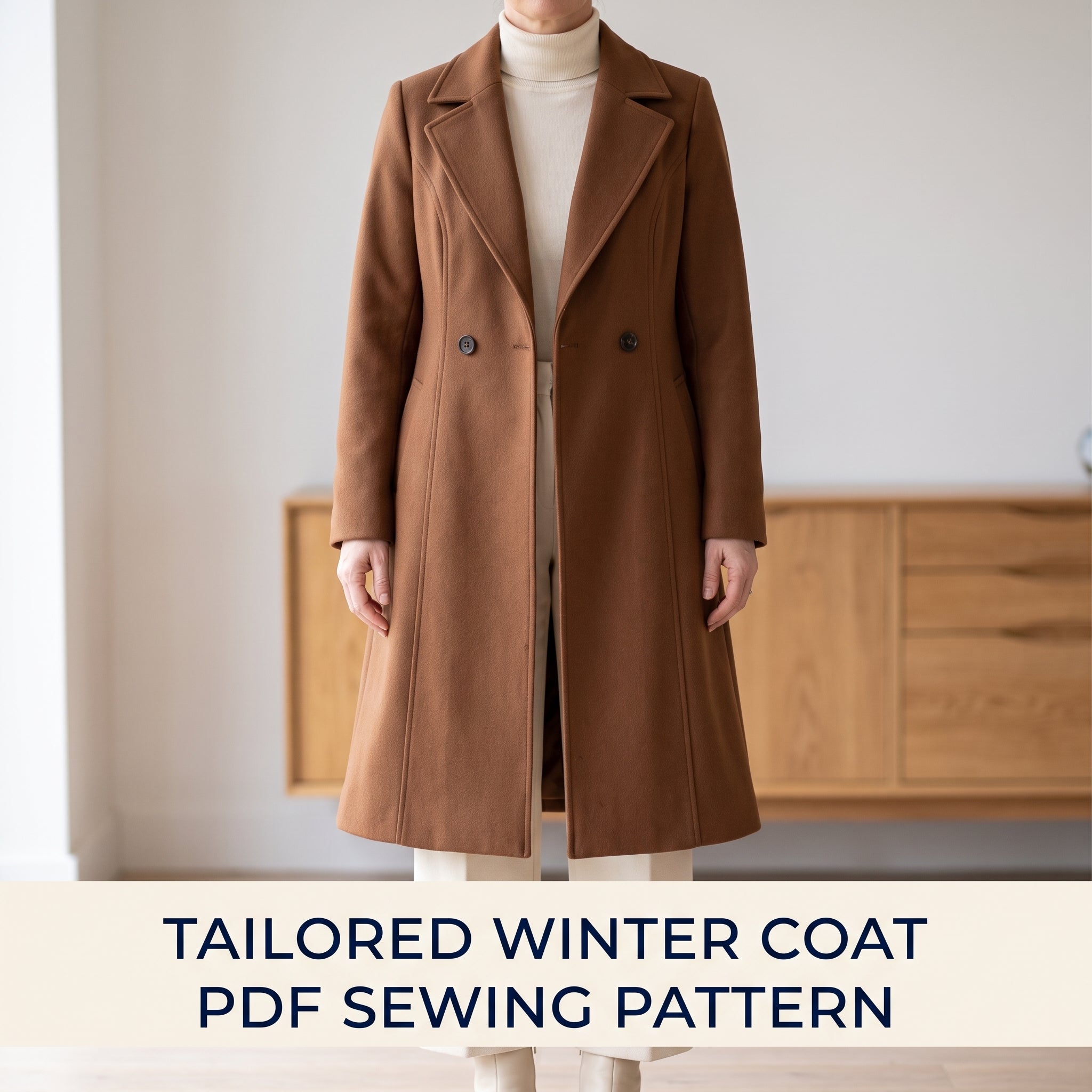 Womens Coat Sewing Pattern | Long Tailored Wool Coat, Notched Collar & Princess Seams | Sizes XS-XXXXL | A4, US Letter & A0 PDF