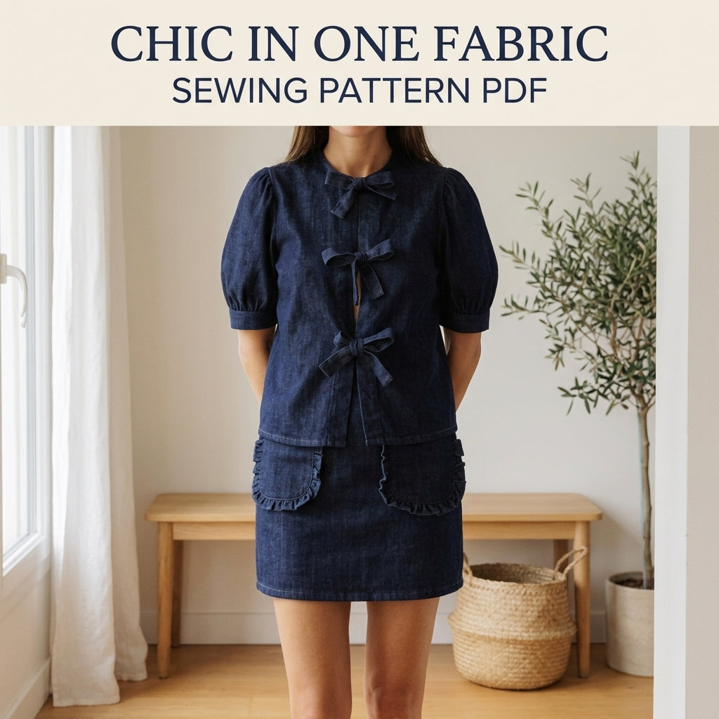 Bow Tie Top Sewing Pattern PDF – Puff Sleeve Denim Blouse and Mini Skirt