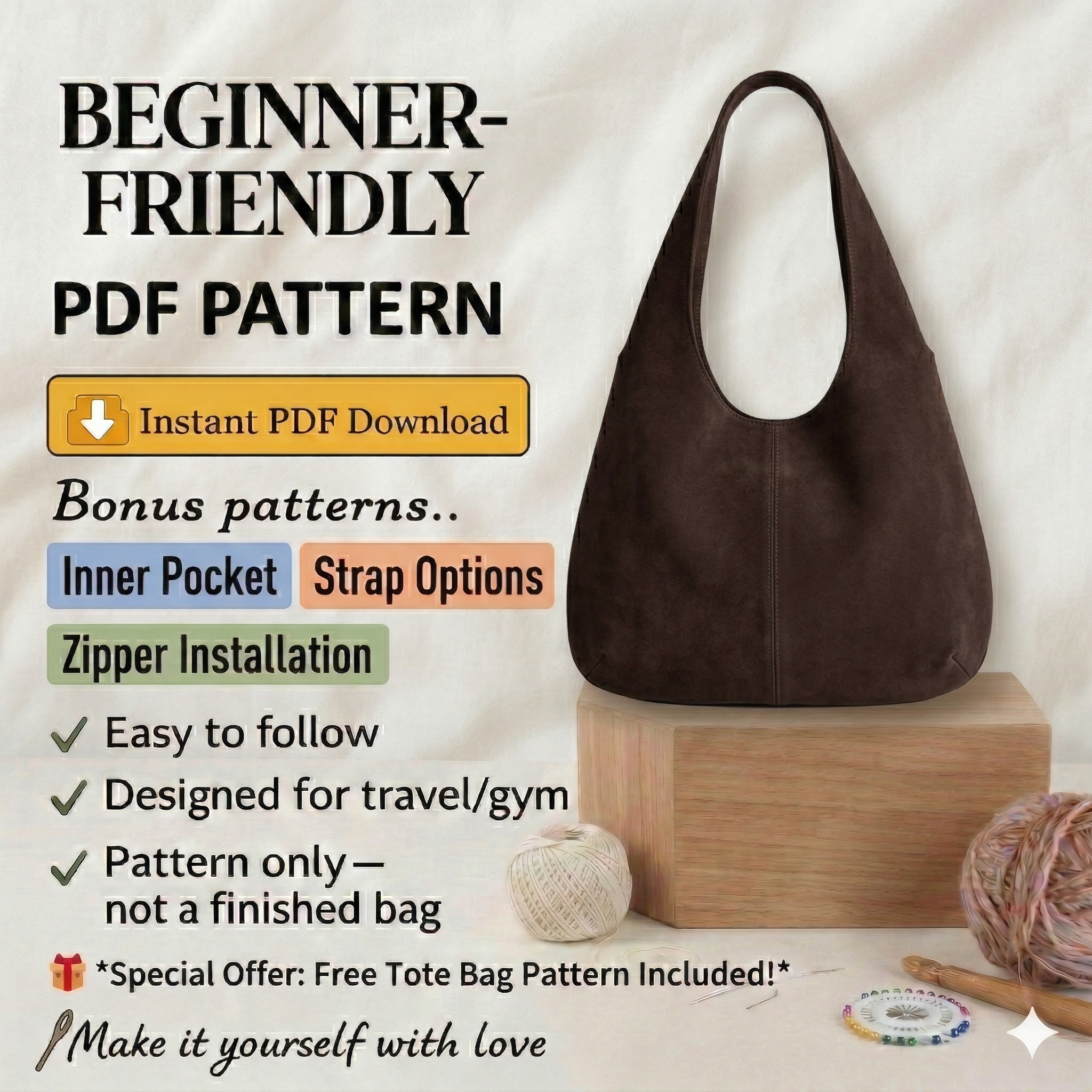 Hobo Bag Sewing Pattern | One Size | Instant Download | Easy Digital PDF | Women's Handbag | Shoulder Bag | Sewing Gift