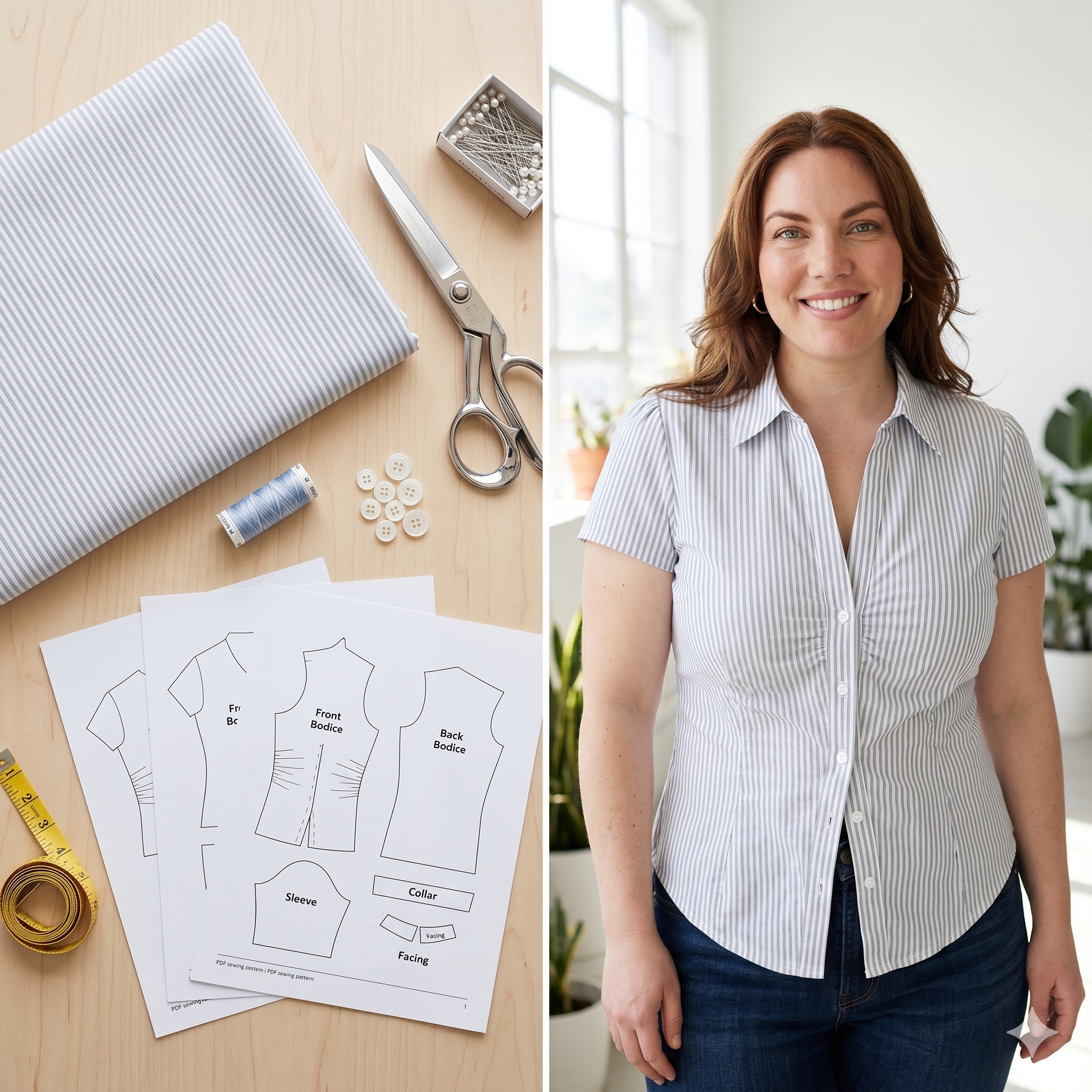 Women's Short Sleeve Shirt PDF Sewing Pattern, Classic Button Up Blouse, Summer Shirt Pattern, Instant Download, Digital Sewing Pattern