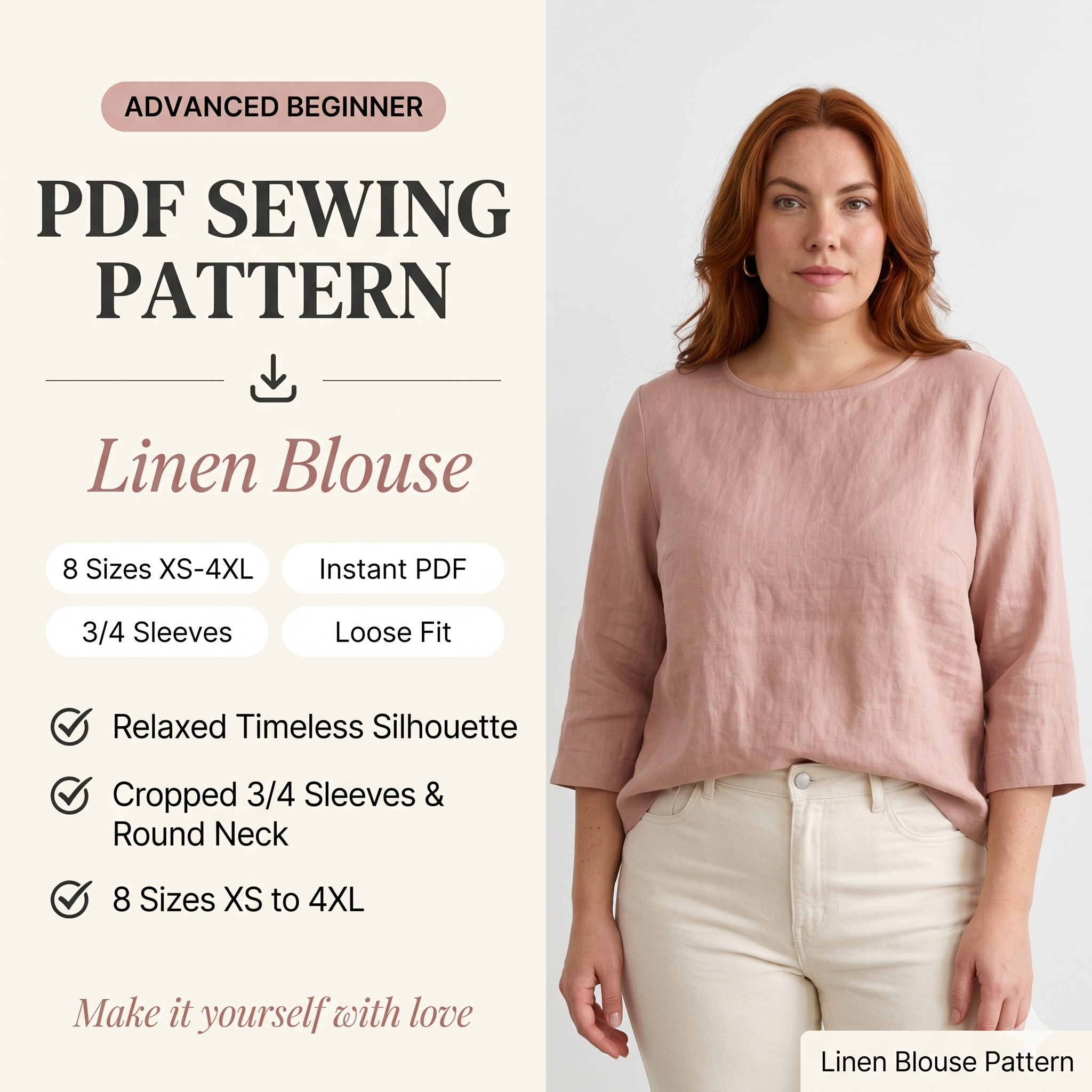 Linen Blouse Pattern, Women's Top Sewing Pattern For Woven Fabrics, Easy Top Pattern For Women, Plus Size PDF Sewing Pattern