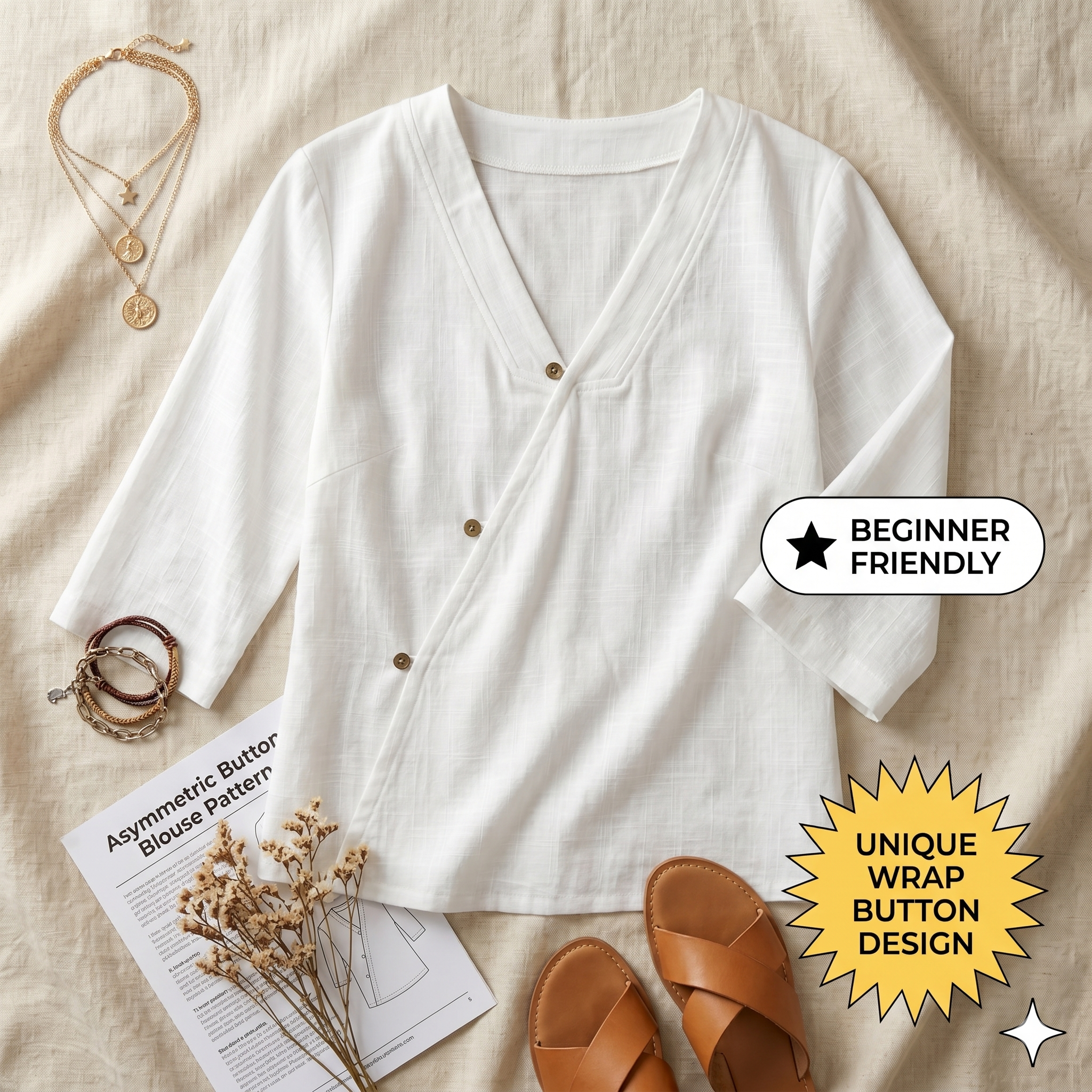 ✨ Wrap V-Neck Linen Cotton Blouse – Instant Download PDF Sewing Pattern