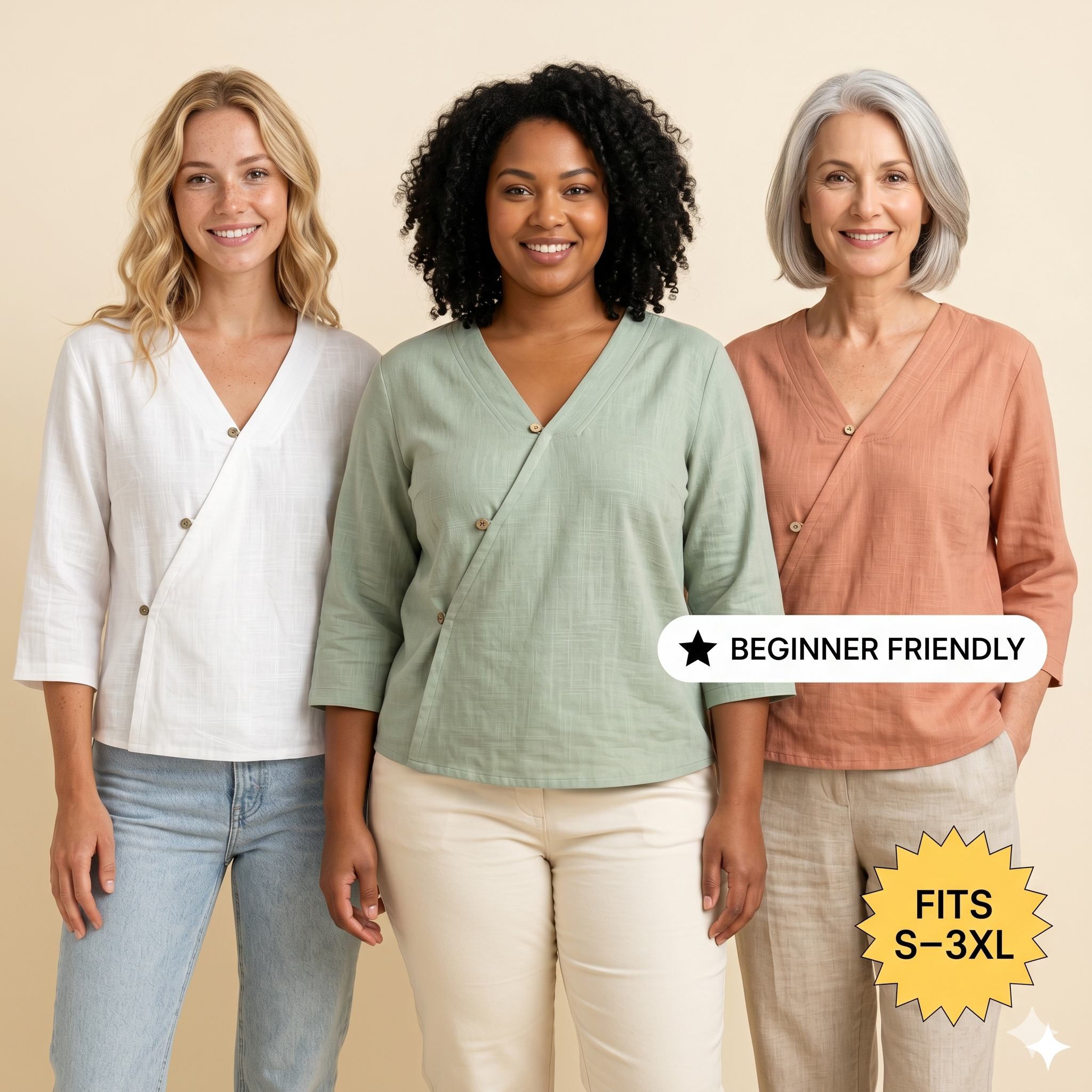 ✨ Wrap V-Neck Linen Cotton Blouse – Instant Download PDF Sewing Pattern
