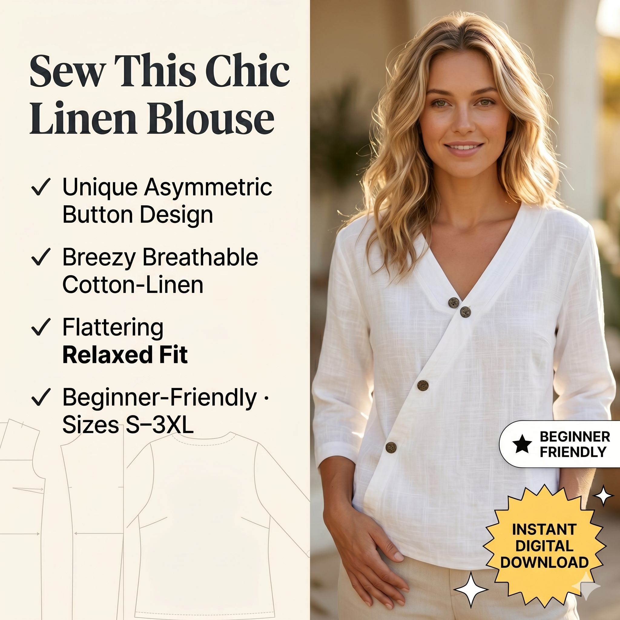 ✨ Wrap V-Neck Linen Cotton Blouse – Instant Download PDF Sewing Pattern