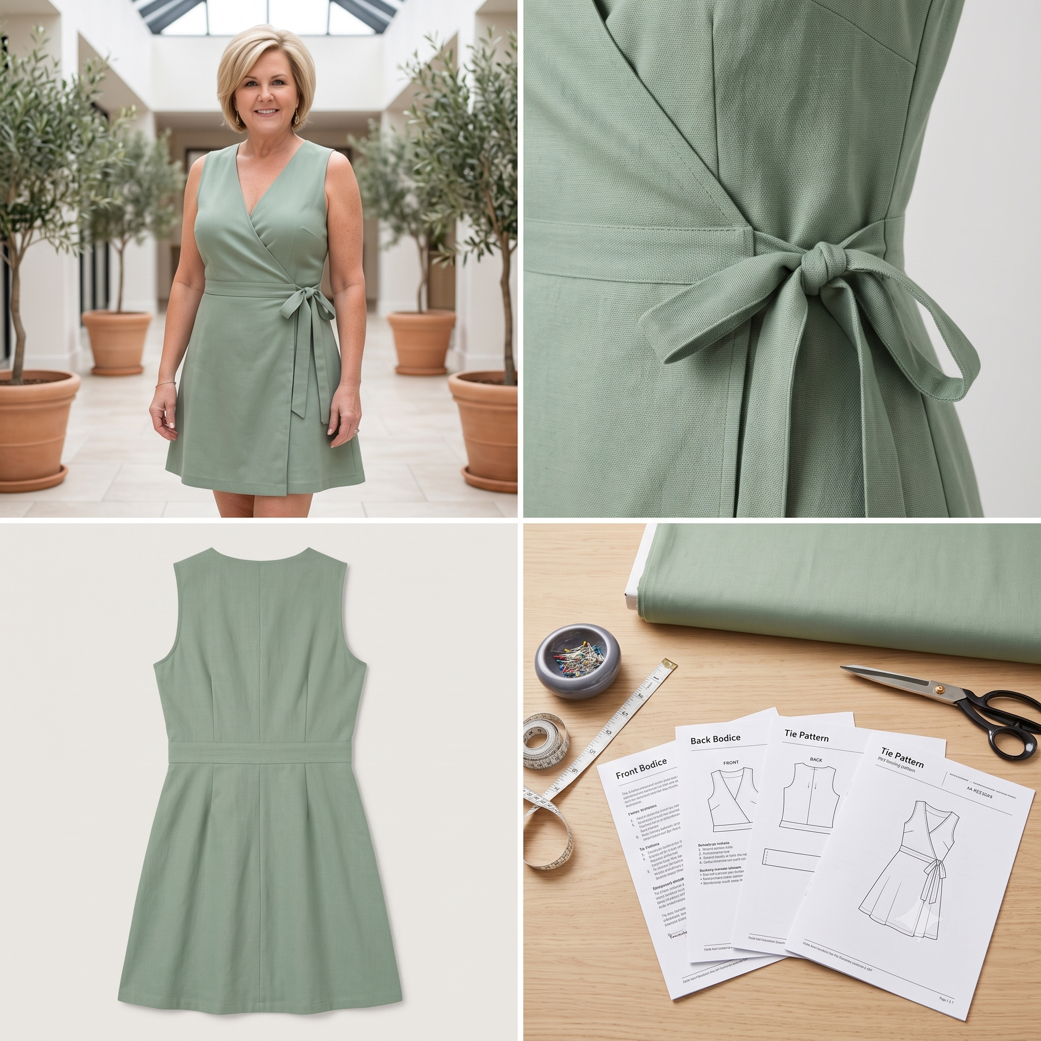 Wrap Dress Sewing Pattern PDF | Sleeveless V-Neck A-Line Dress Pattern, Tie Waist Linen Summer Dress, Beginner, Sizes XXS-5XL, Instant Download