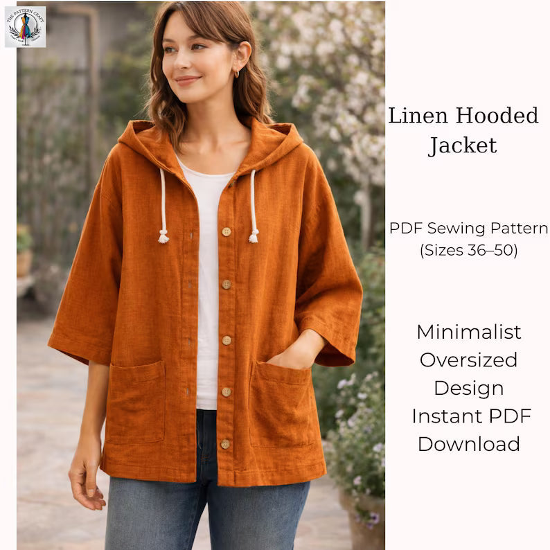Hooded Jacket Sewing Pattern PDF, Linen Oversized Jacket Pattern, Minimalist Women Coat Pattern, DIY Sewing Pattern, Instant Download