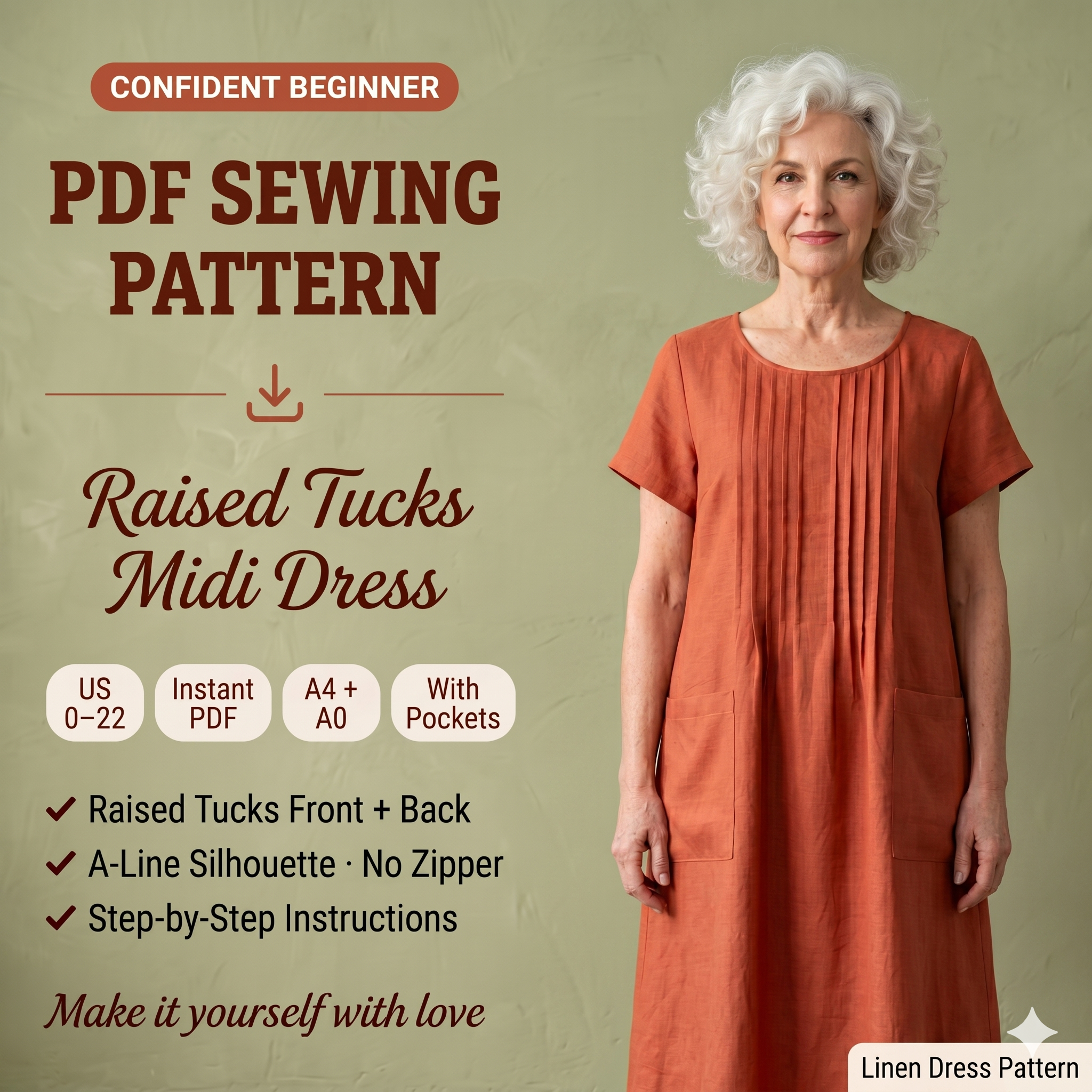 Linen Dress Sewing Pattern PDF | Raised Tucks A-Line Midi Dress