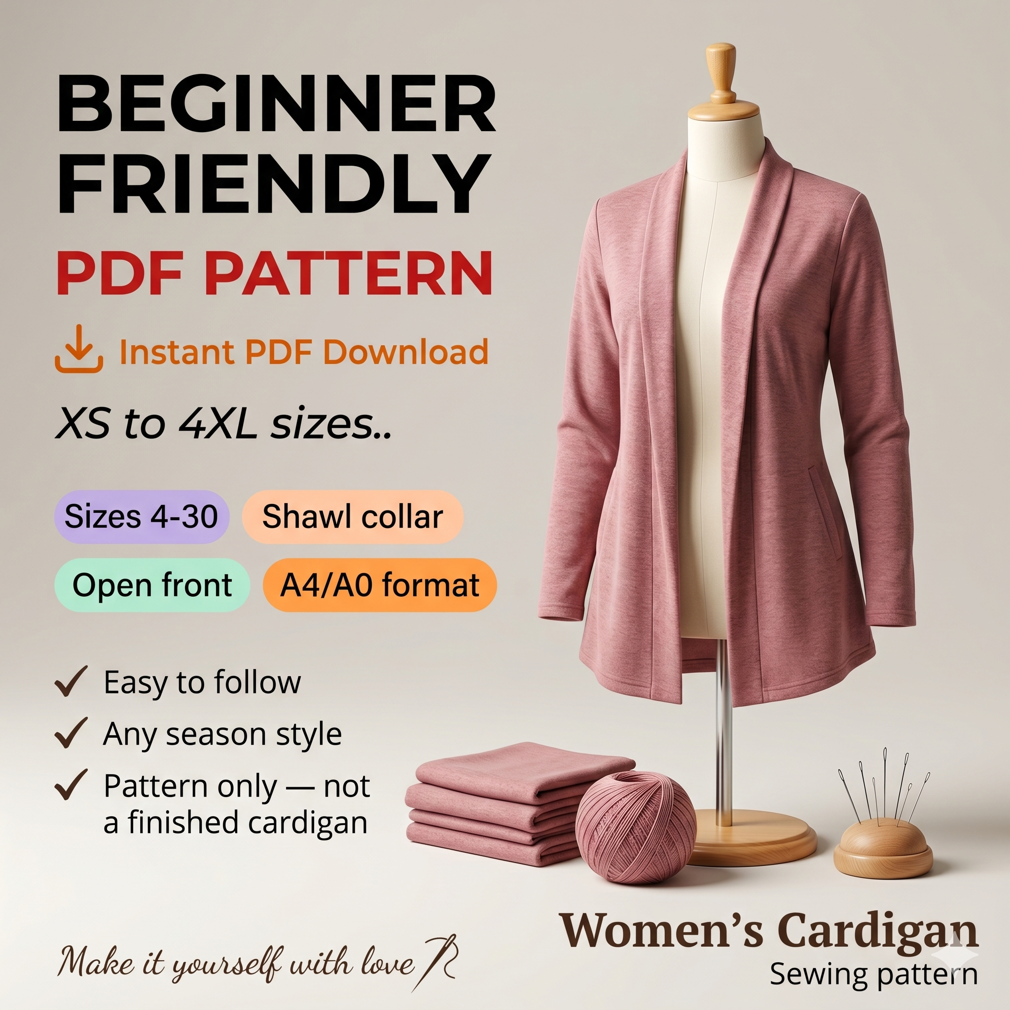 Cardigan Sewing Pattern: Beginner-Friendly PDF (Sizes XS-4XL)