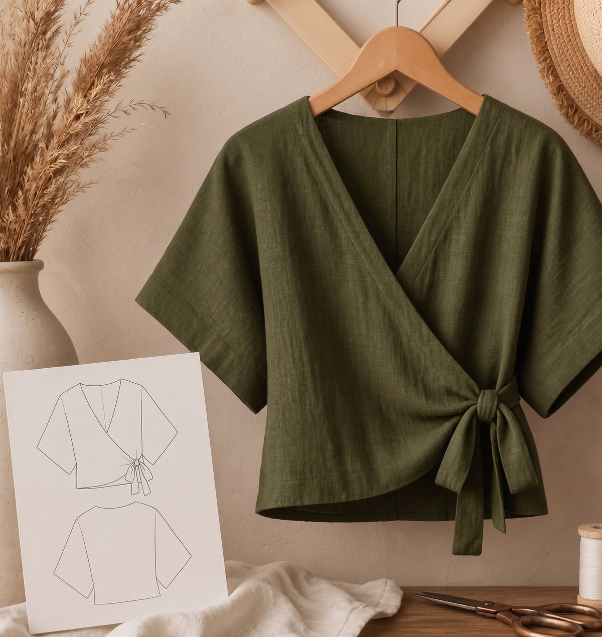 Wrap Top PDF Sewing Pattern, XS-3X Bust 32-50, Kimono Sleeve Blouse