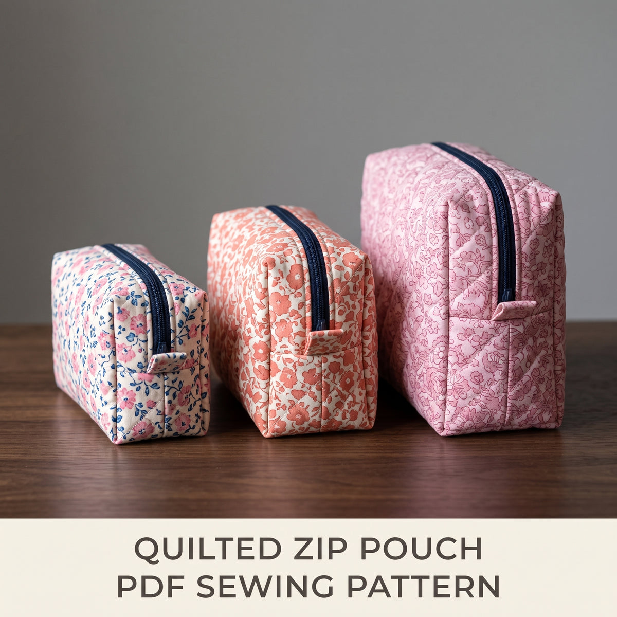 Quilted Zip Pouch Sewing Pattern PDF | Boxy Makeup Bag in 3 Sizes | Fat Quarter Friendly | Beginner Zipper Pouch