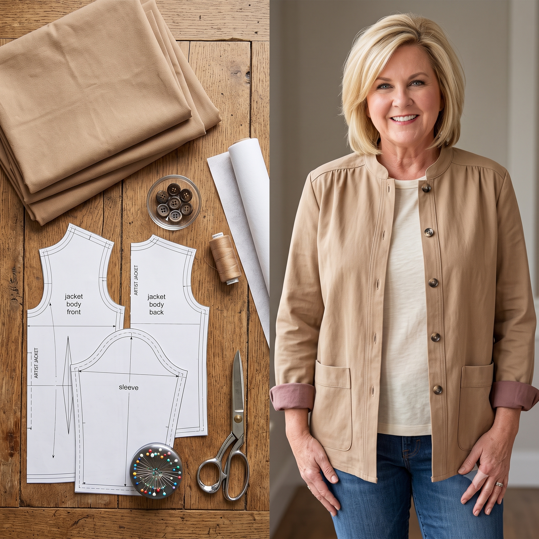 Artist Jacket Sewing Pattern PDF, Workwear Jacket, Dropped Shoulder Chore Coat, Band Collar, Patch Pockets, Two Hems, Sizes US 0–24 / EU 30–54